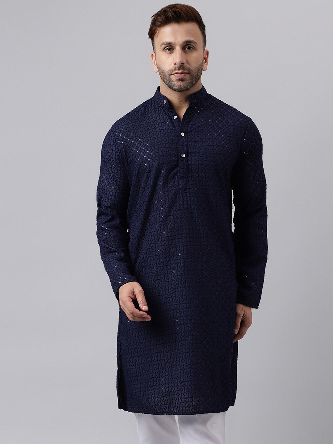 

Vgyaan Ethnic Motifs Embroidered Mandarin Collar Sequinned Straight Kurta, Navy blue