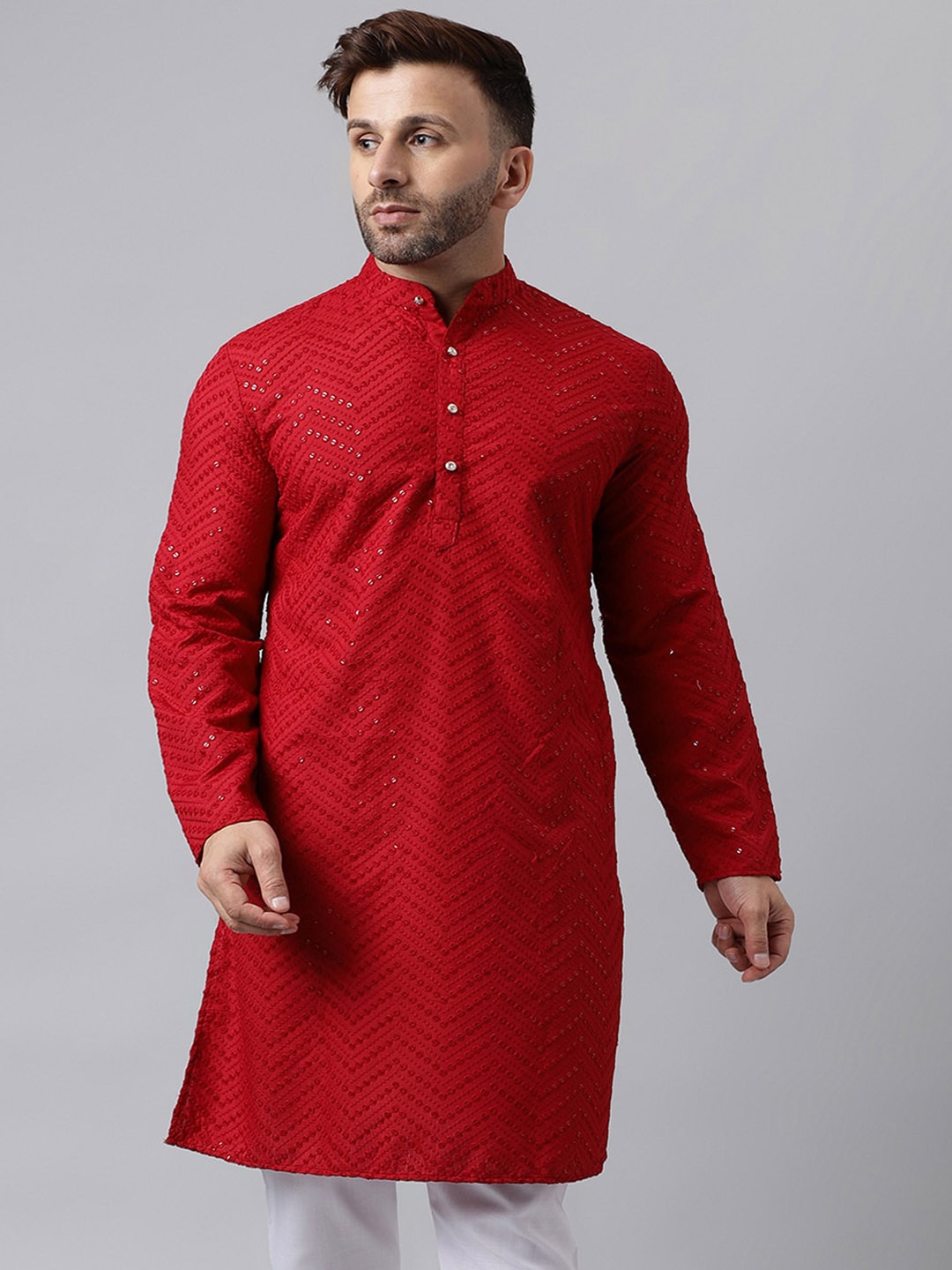 

Vgyaan Chevron Embroidered Mandarin Collar long Sleeves Sequinned Straight Kurta, Red