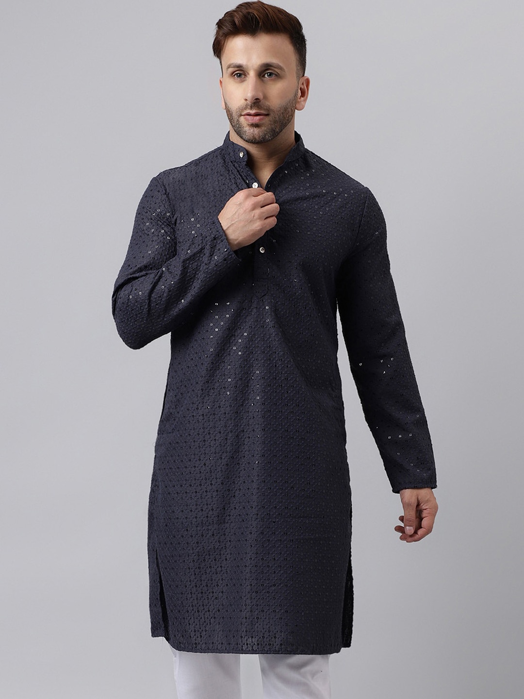

Vgyaan Ethnic Motifs Embroidered Sequinned Mandarin Collar Straight Kurta, Black
