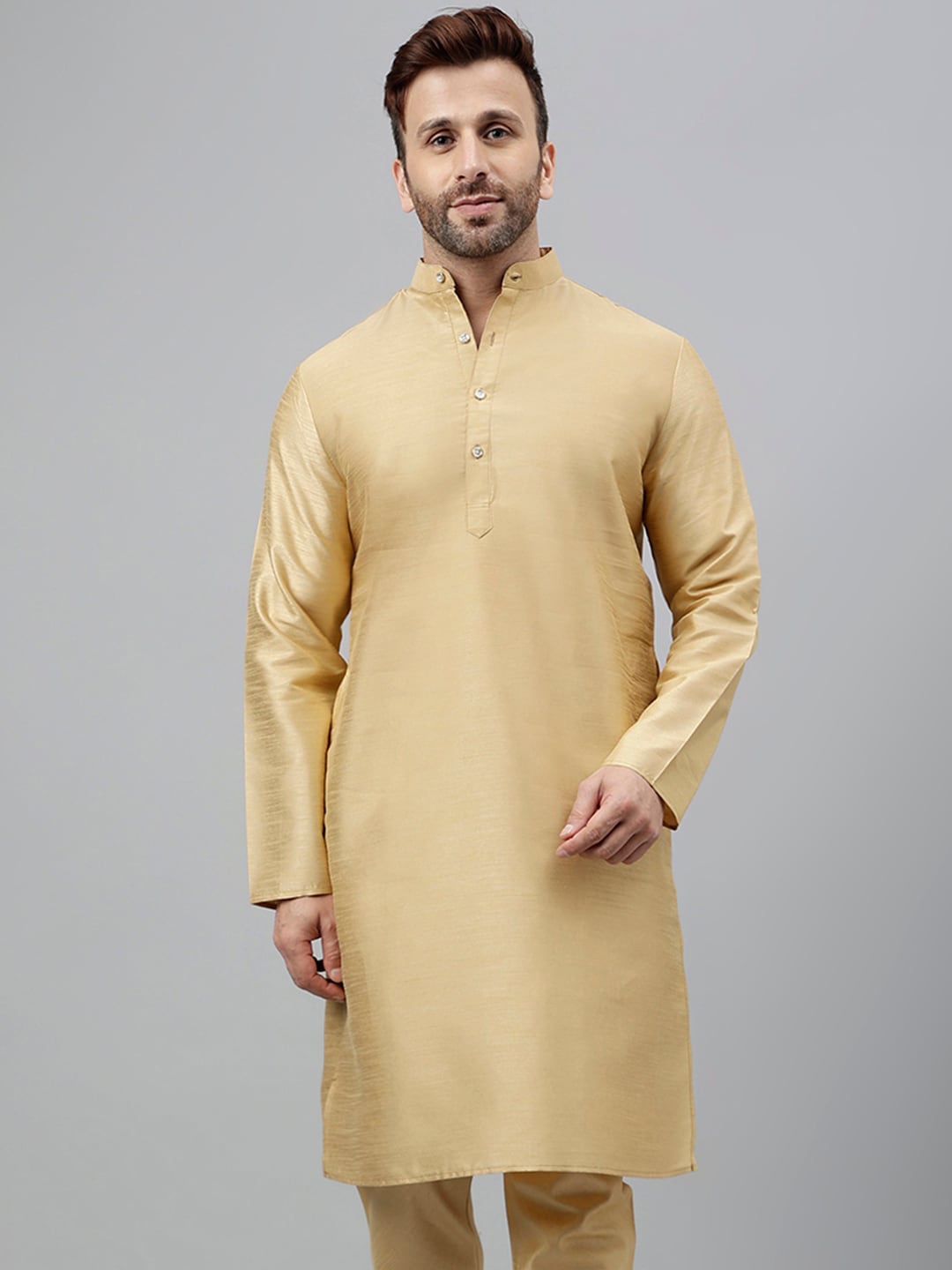 

Vgyaan Mandarin Collar Dupion Silk Kurta, Gold