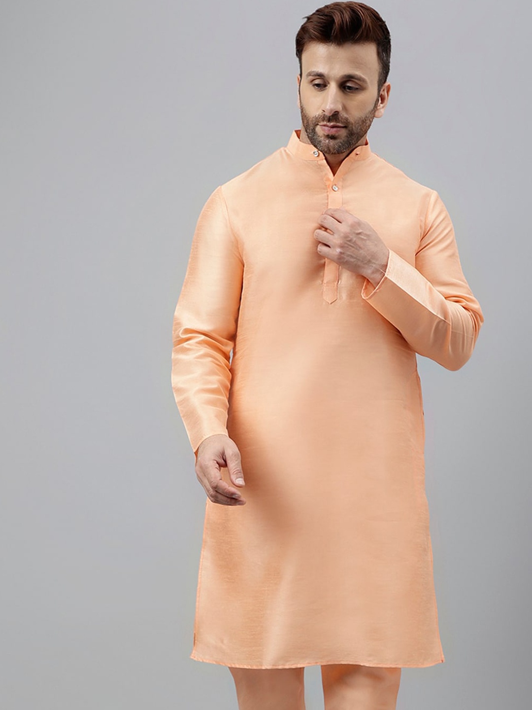

Vgyaan Mandarin Collar long Sleeves Straight Dupion Silk Kurta, Peach