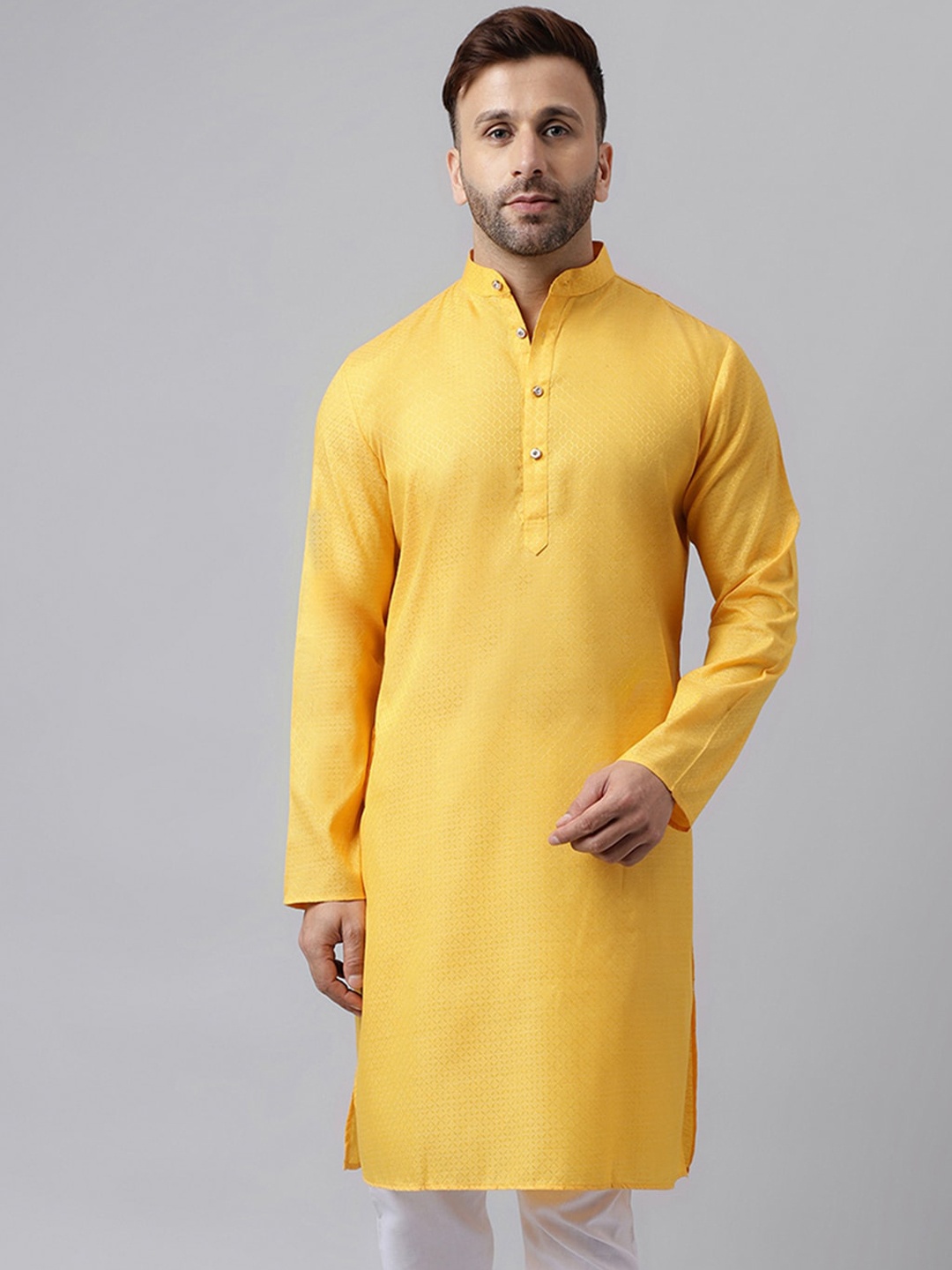 

Vgyaan Mandarin Collar Jacquard Straight Kurta, Yellow