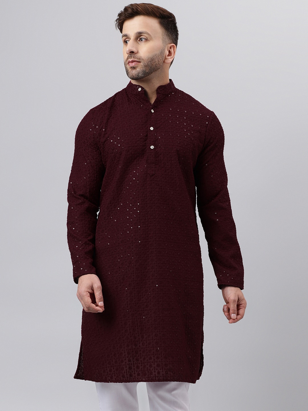 

Vgyaan Ethnic Motifs Embroidered Mandarin Collar Sequinned Straight Kurta, Maroon