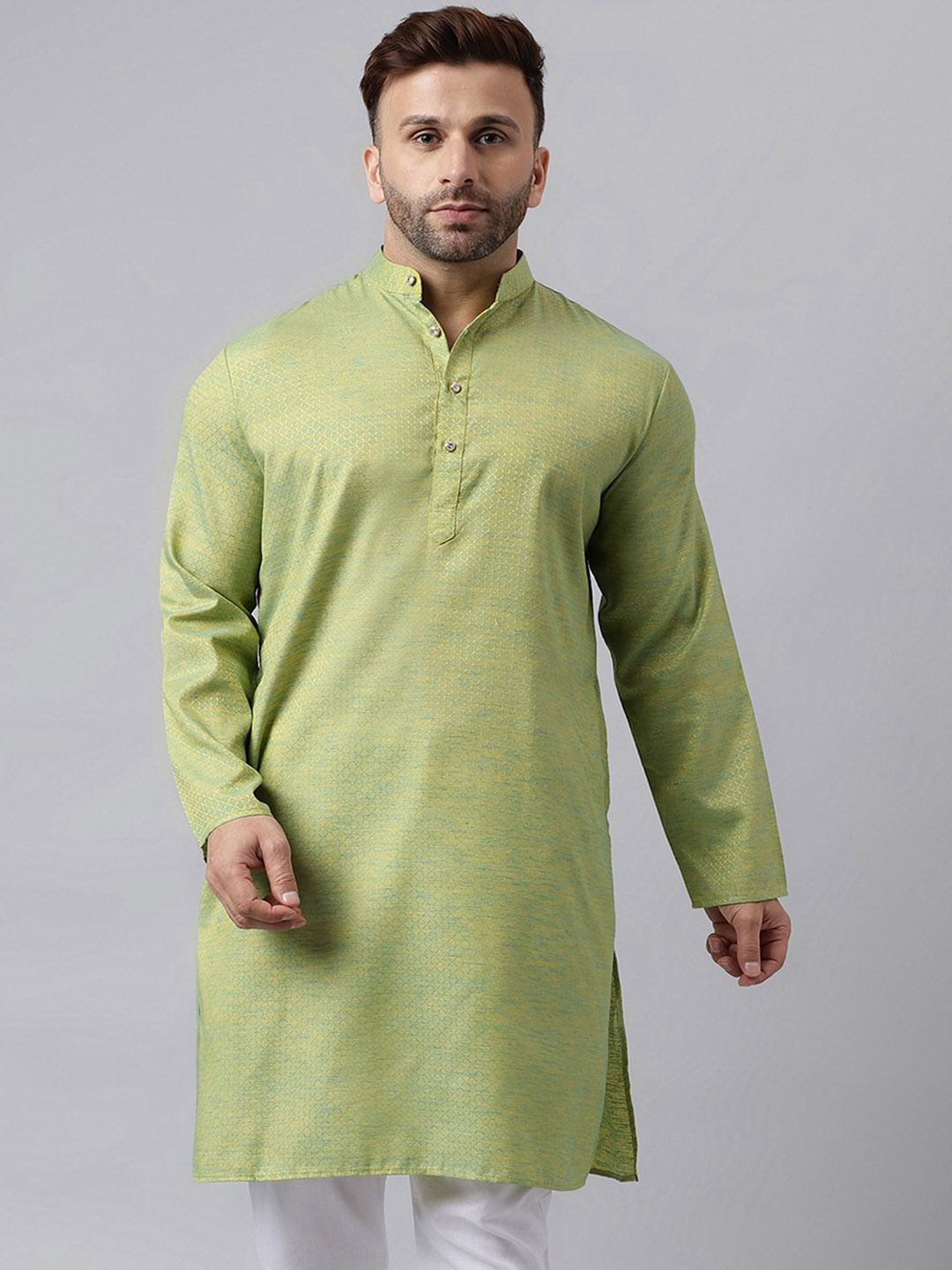 

Vgyaan Woven Design Band Collar Regular Kurta, Green