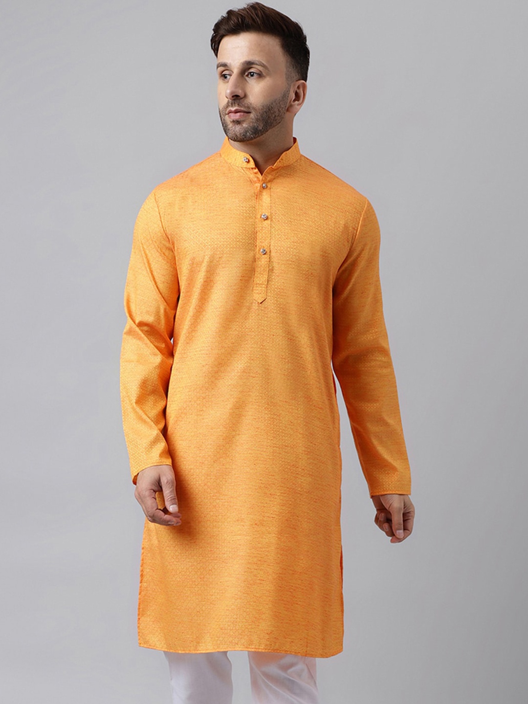 

Vgyaan Mandarin Collar long Sleeves Straight Jacquard Kurta, Orange