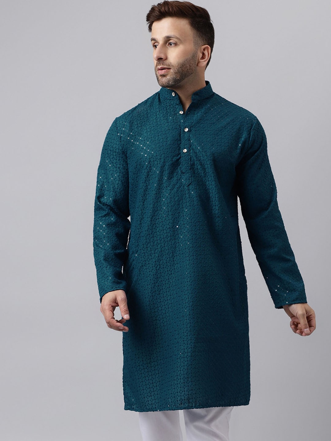 

Vgyaan Geometric Embroidered Band Collar Sequined Straight Kurta, Teal