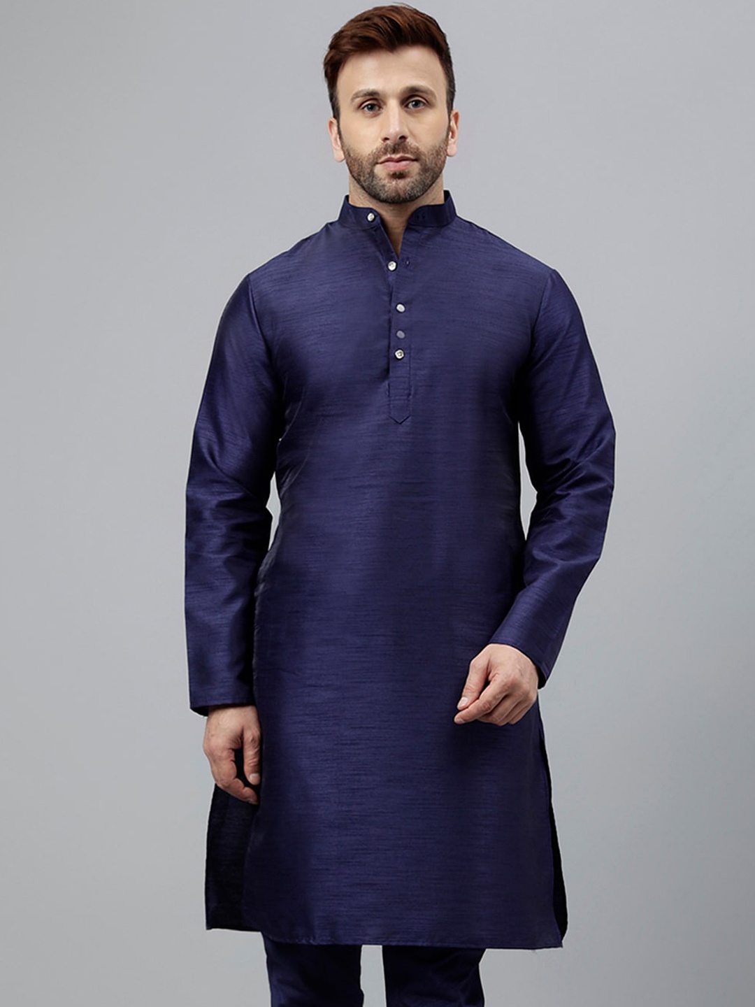 

Vgyaan Mandarin Collar long Sleeves Straight Dupion Silk Kurta, Blue