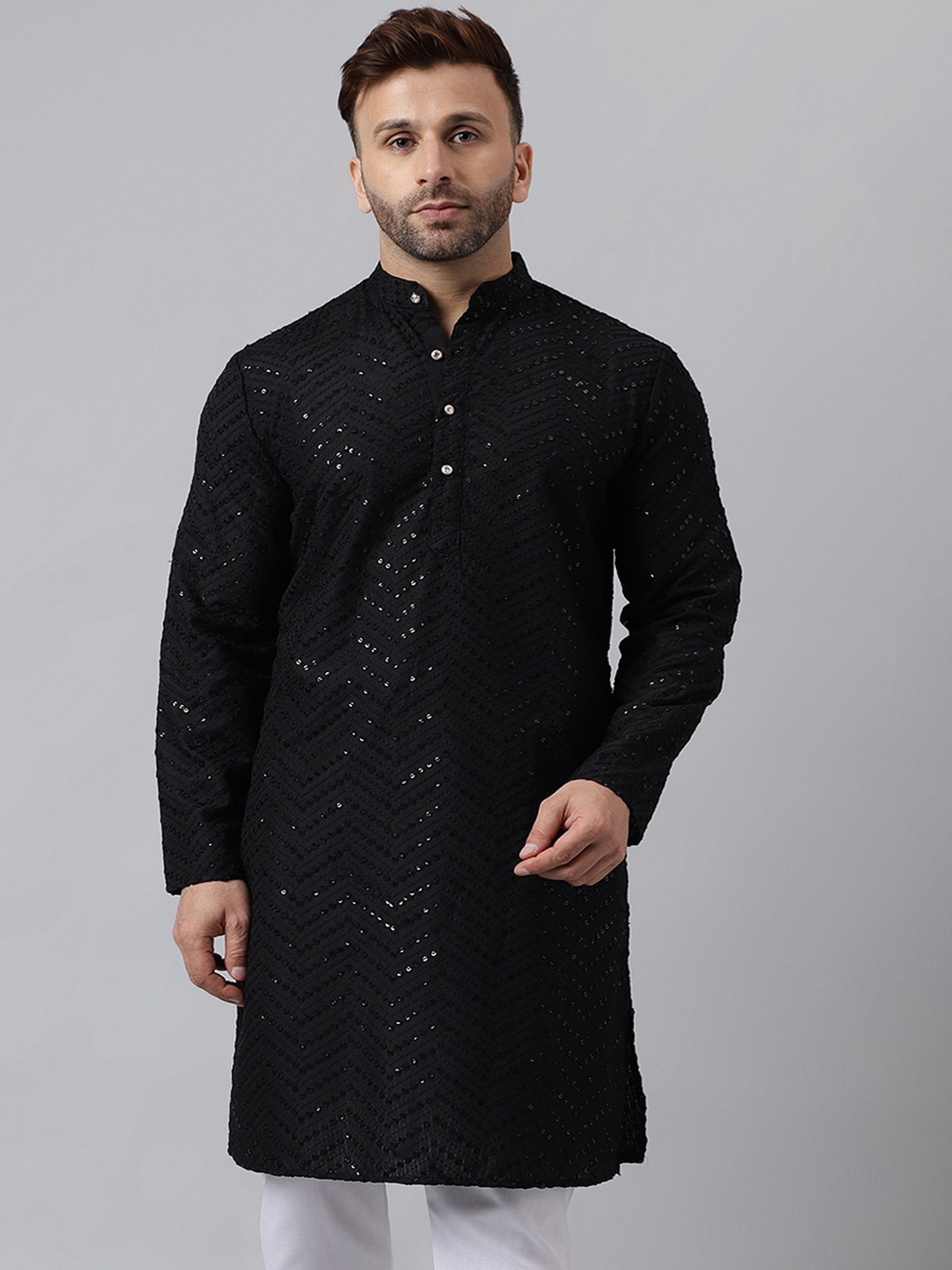 

Vgyaan Geometric Embroidered Band Collar Sequined Straight Kurta, Black