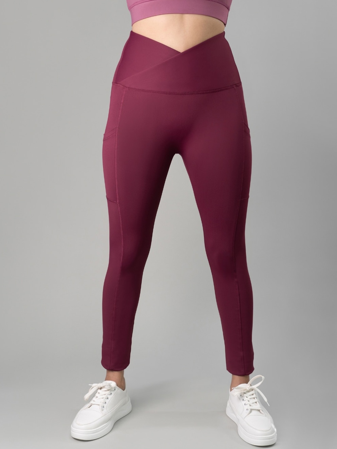 

FLURR Women Antimicrobial Ankle-Length Sports Cross Belt Tights, Maroon
