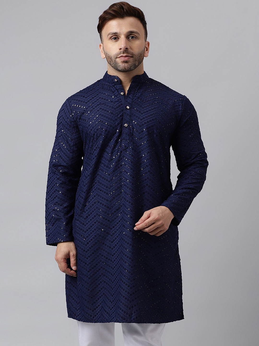 

hangup trend Chevron Embroidered Band Collar Sequinned Straight Kurta, Navy blue