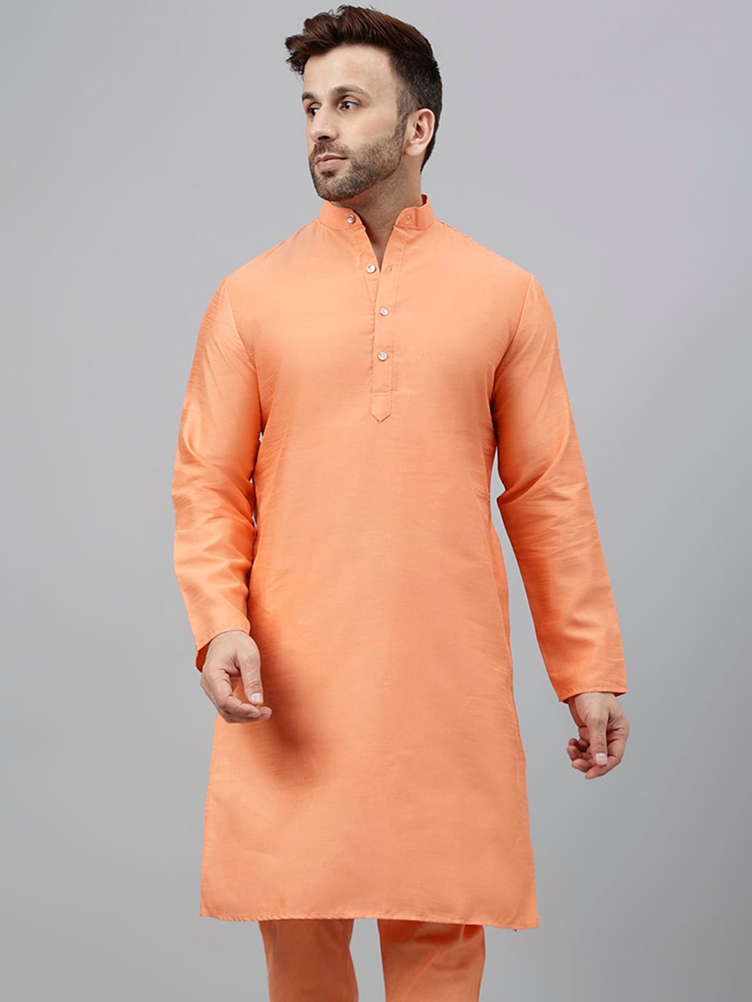 

hangup trend Band Collar Straight Dupion Silk Kurta, Peach