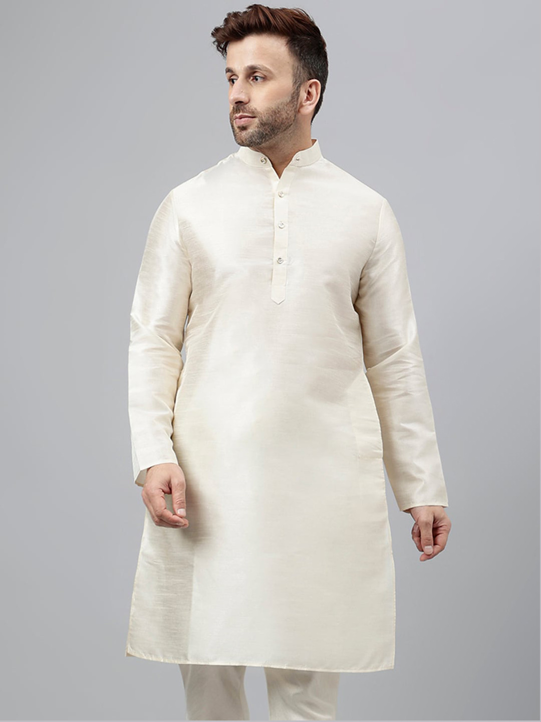 

hangup trend Band Collar Straight Dupion Silk Kurta, Cream