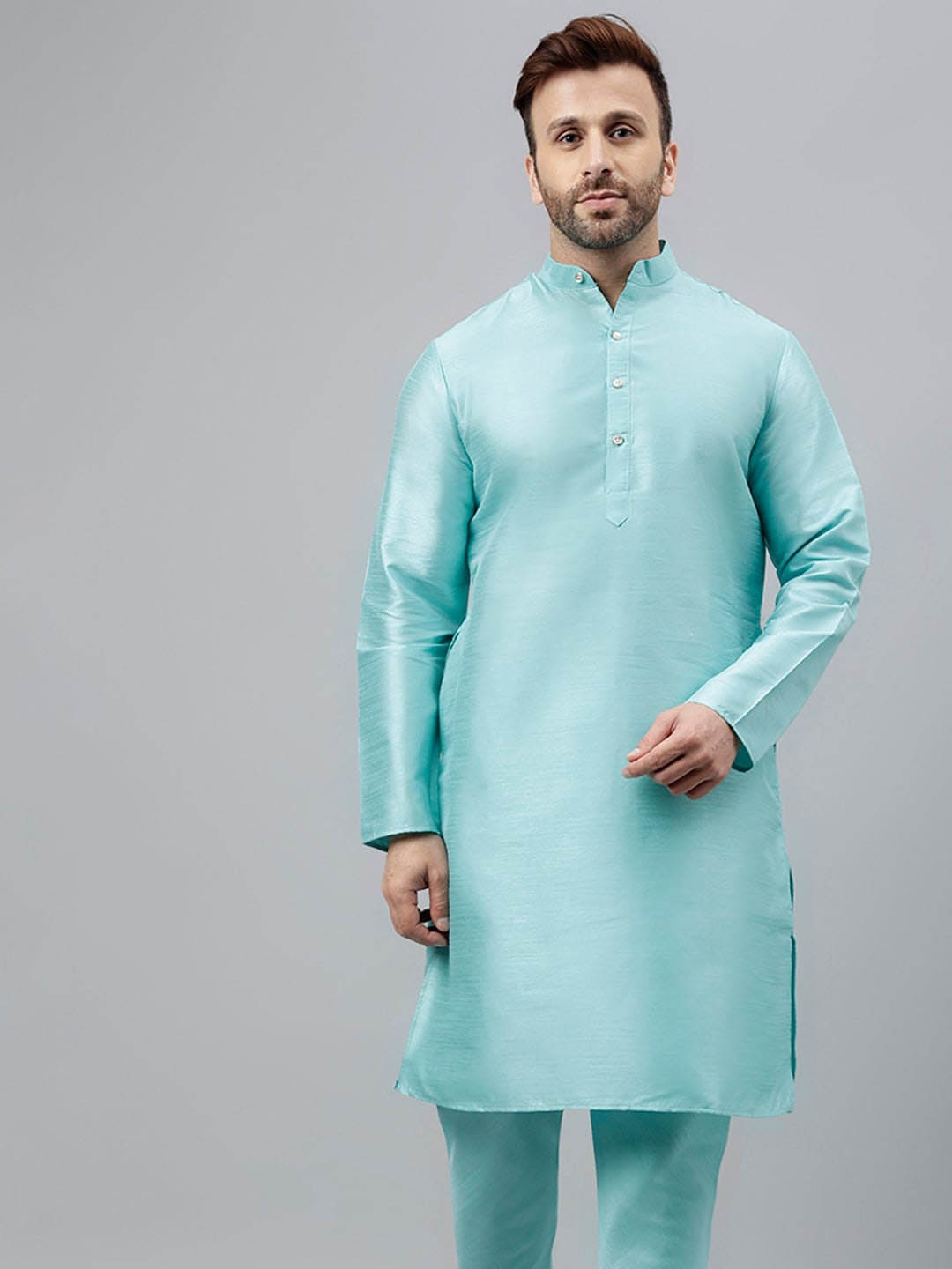 

hangup trend Band Collar Straight Dupion Silk Kurta, Turquoise blue