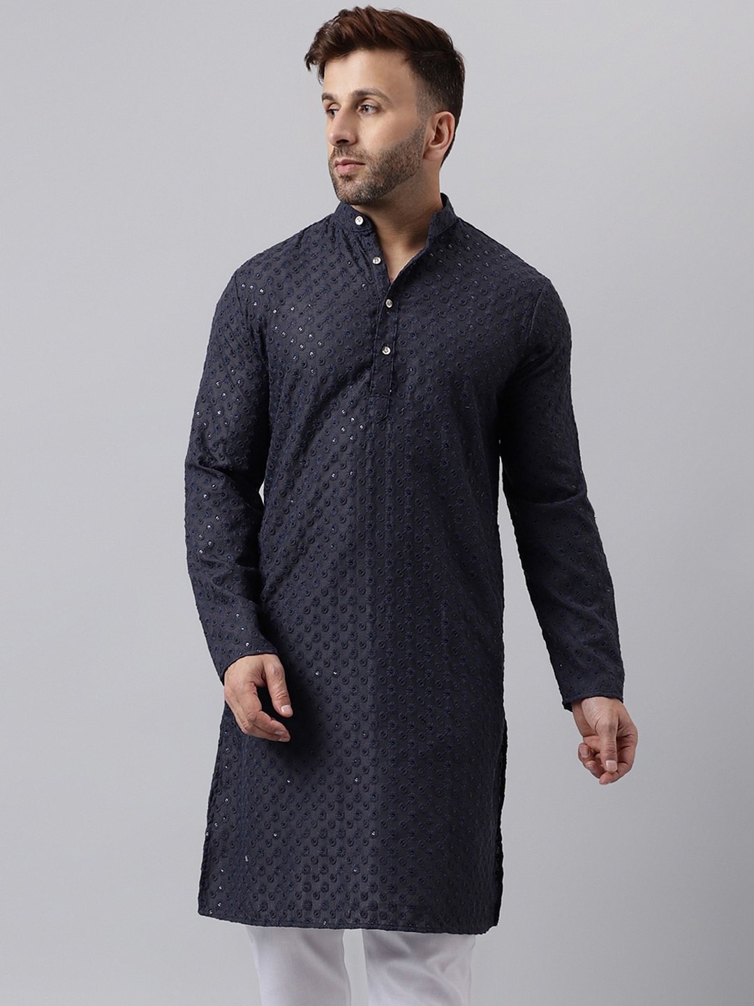 

hangup trend Sequinned Embellished Mandarin Collar Straight Kurta, Navy blue