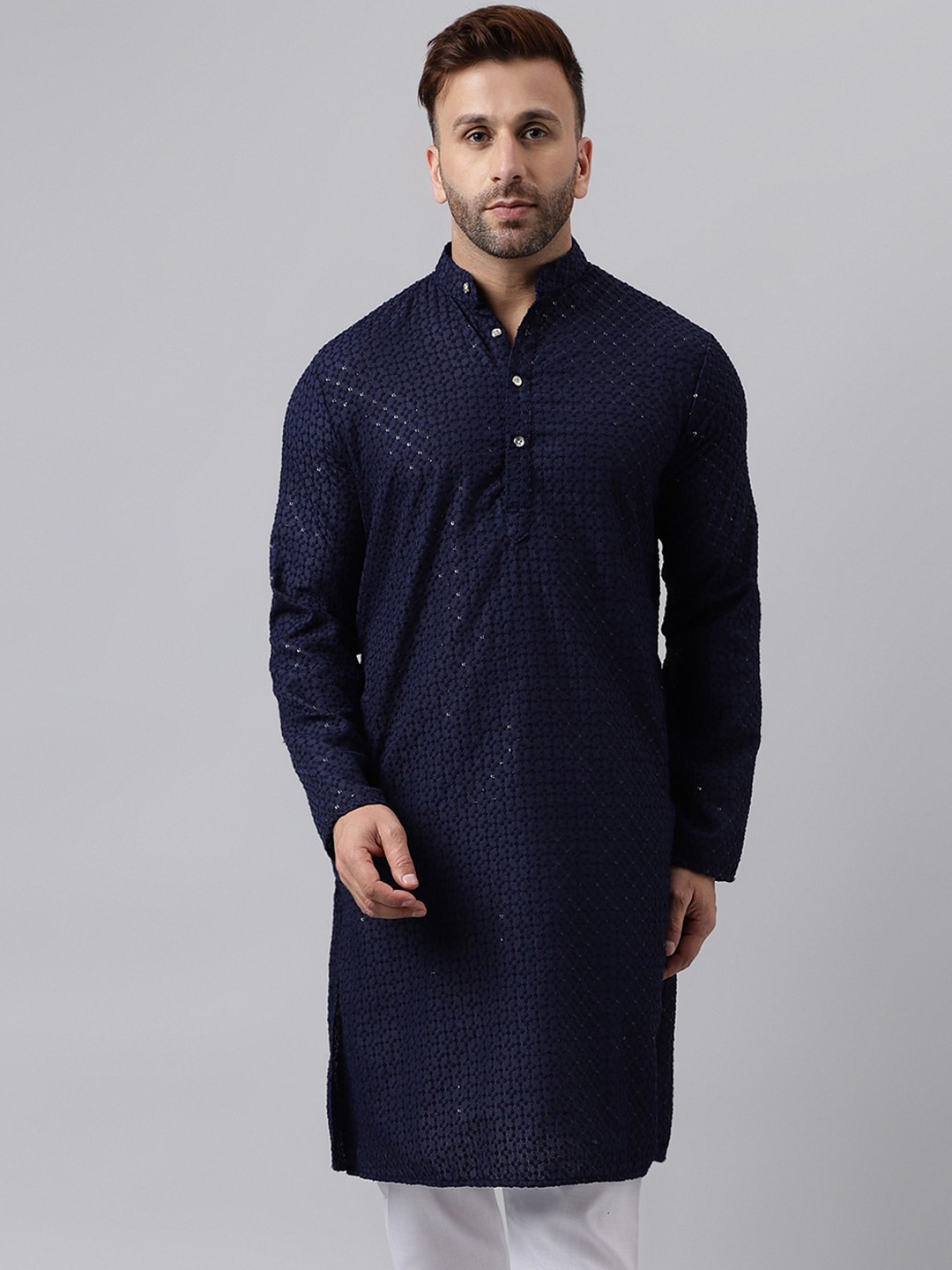 

hangup trend Sequinned Embellished Mandarin Collar Straight Kurta, Navy blue