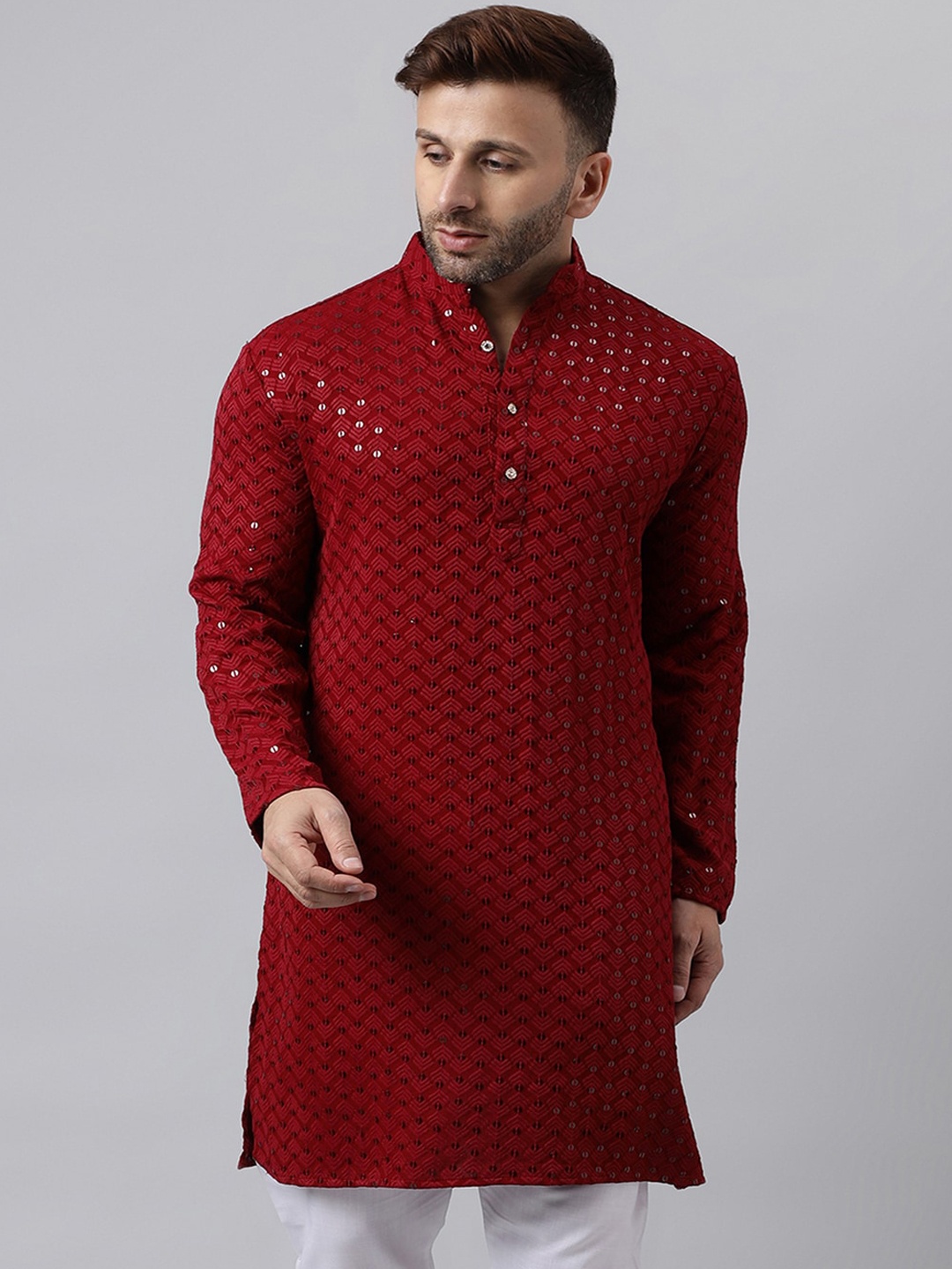 

hangup trend Sequin Embellished Band Collar Long Sleeves Straight Kurta, Maroon