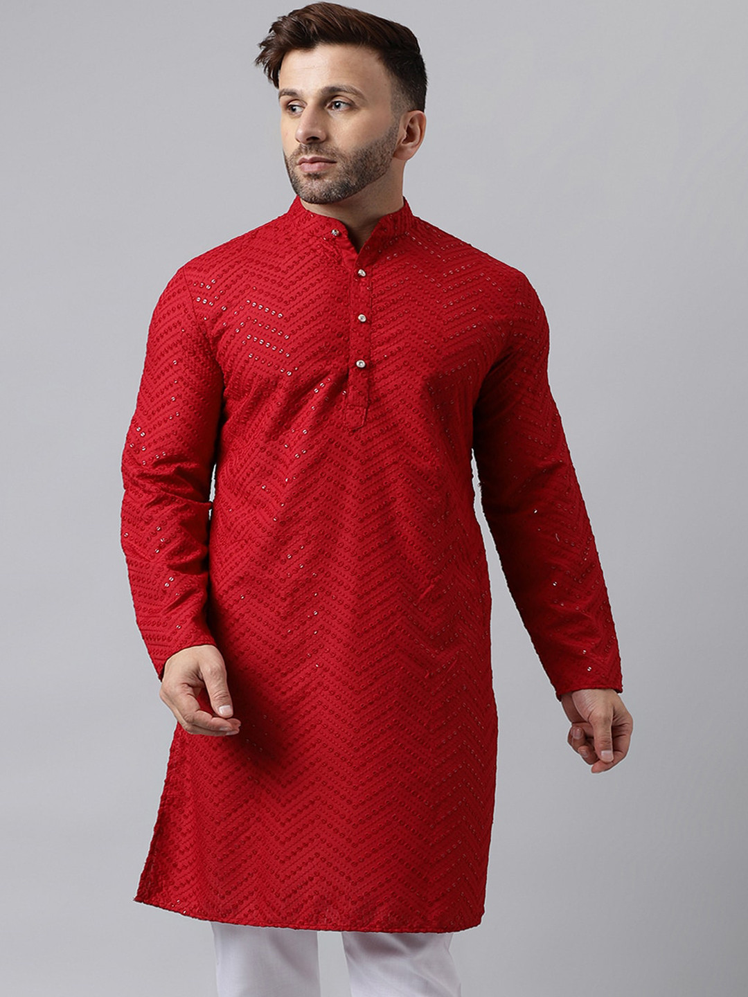 

hangup trend Sequinned Embellished Mandarin Collar Straight Kurta, Red