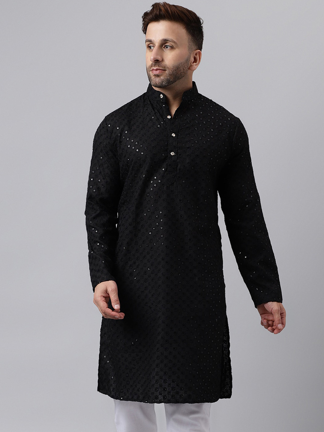 

hangup trend Floral Embroidered Sequinned Straight Kurta, Black