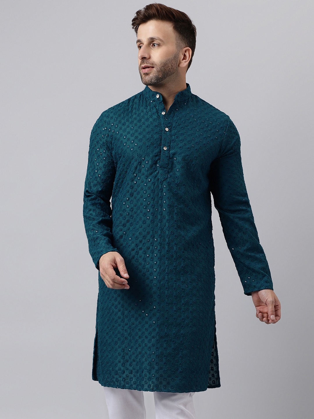 

hangup trend Floral Embroidered Sequinned Straight Kurta, Green