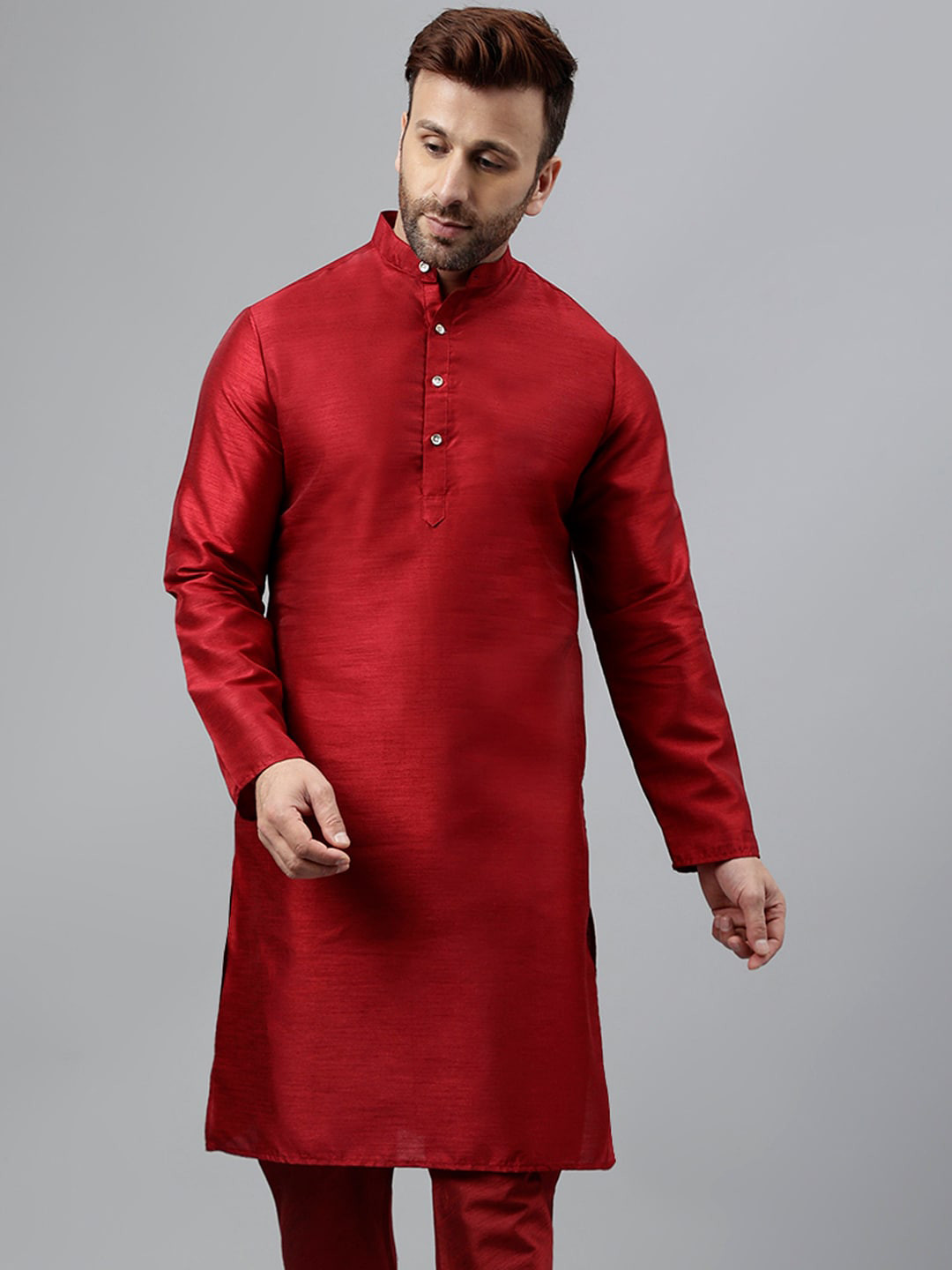 

hangup trend Band Collar Straight Dupion Silk Kurta, Maroon