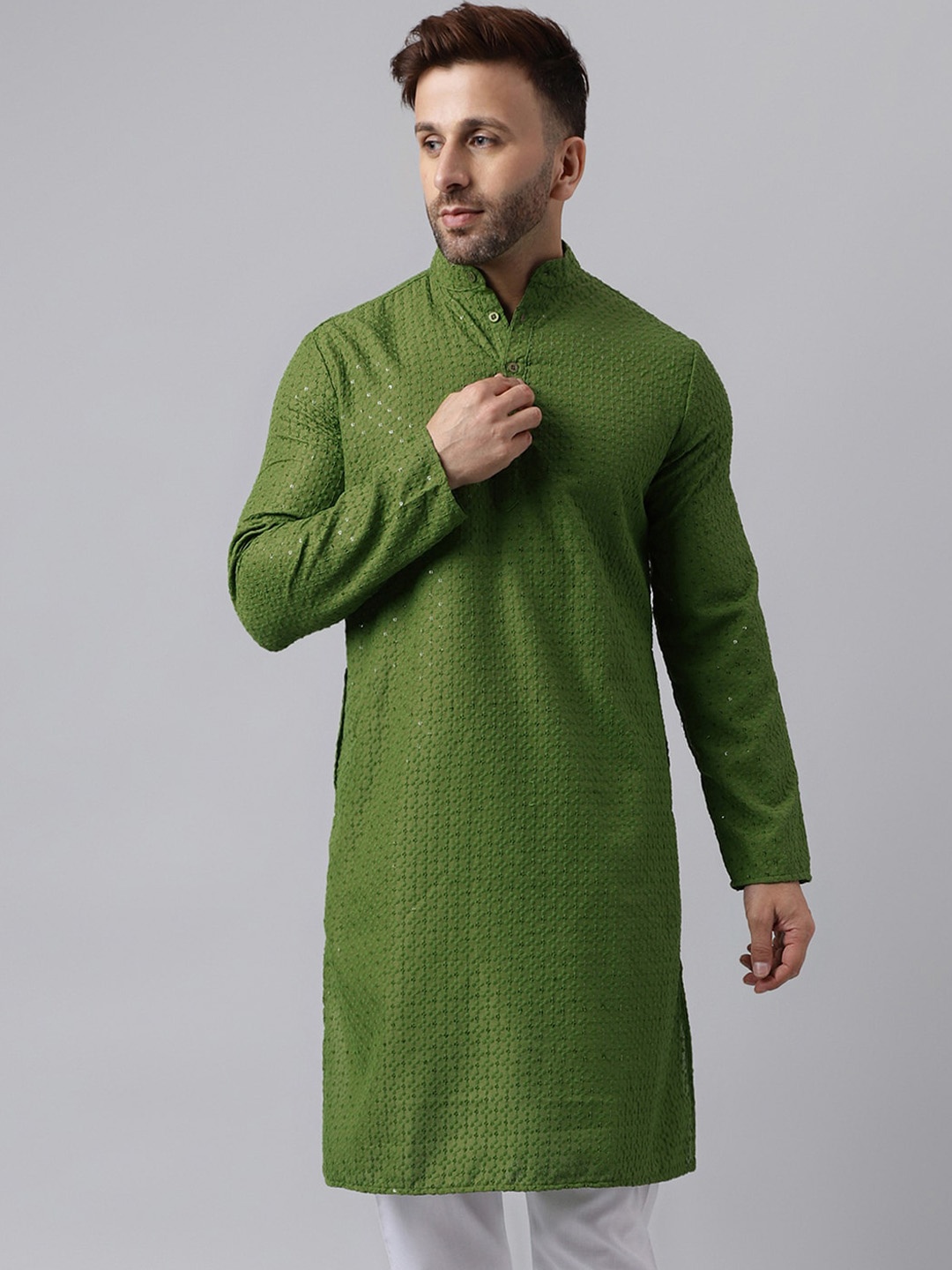 

hangup trend Geometric Embroidered Mandarin Collar Sequinned Kurta, Green