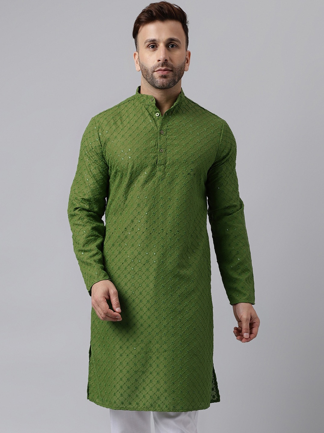 

hangup trend Ethnic Motifs Embroidered Sequinned Band Collar Straight Kurta, Green