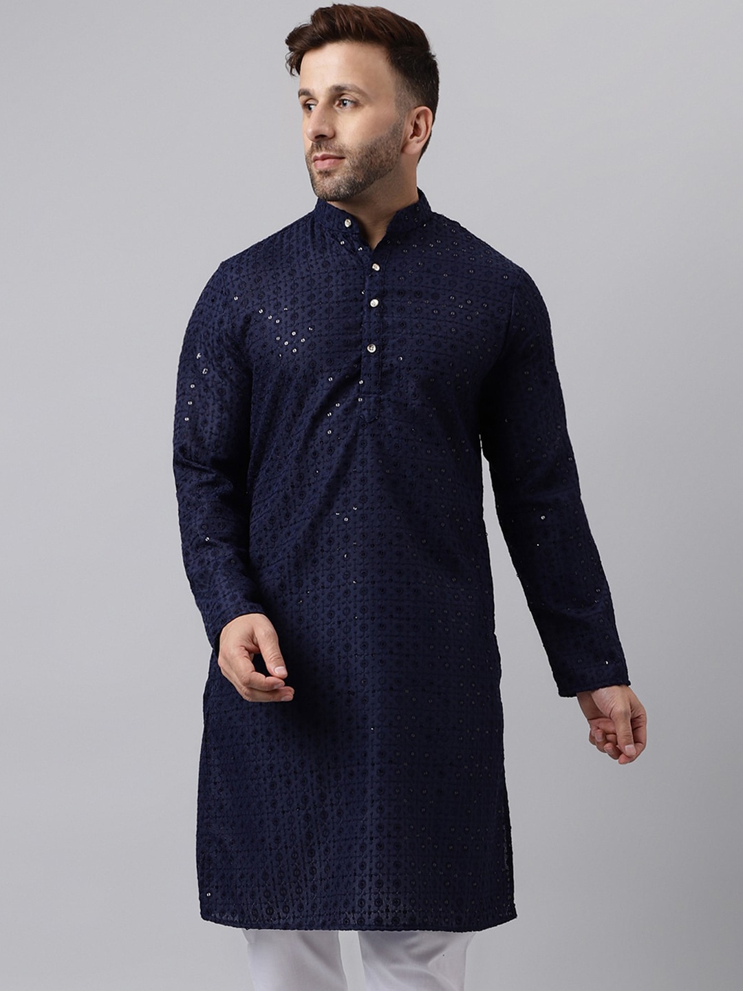 

hangup trend Geometric Embroidered Mandarin Collar Sequinned Kurta, Navy blue