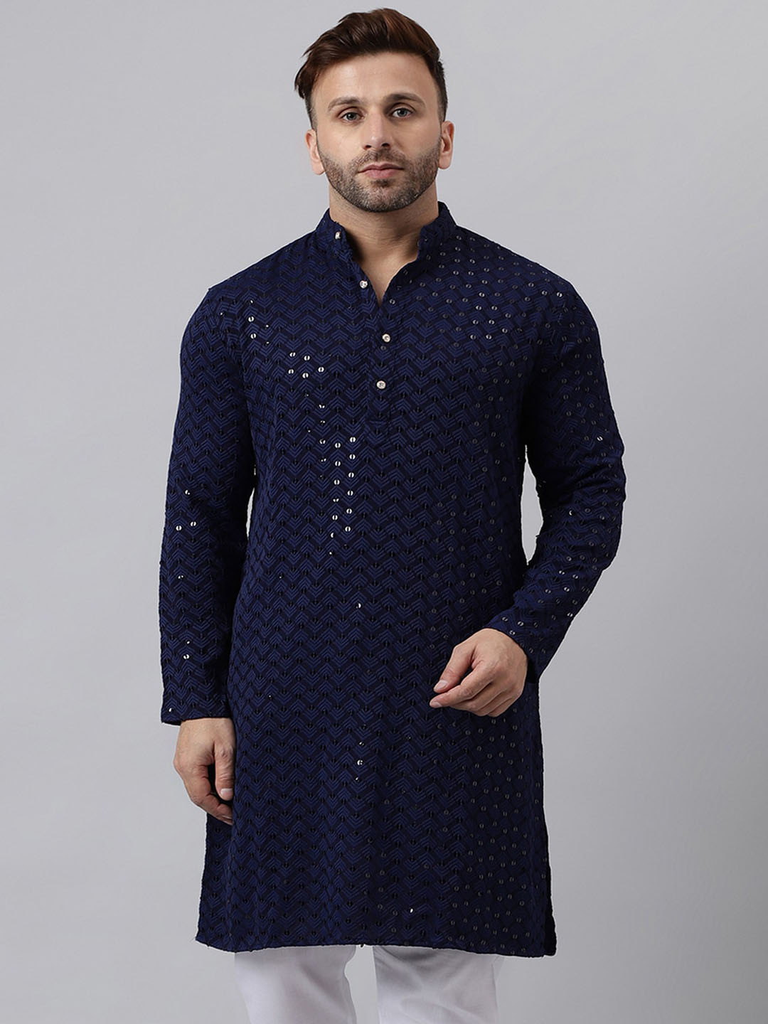 

hangup trend Geometric Embroidered Sequinned Straight Kurta, Navy blue