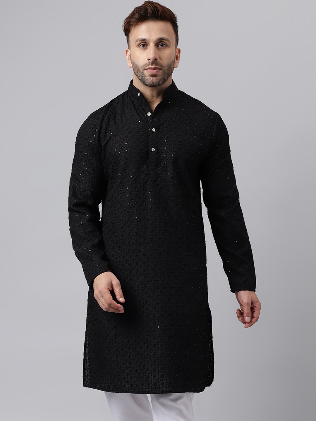 

hangup trend Sequinned Embellished Mandarin Collar Straight Kurta, Black