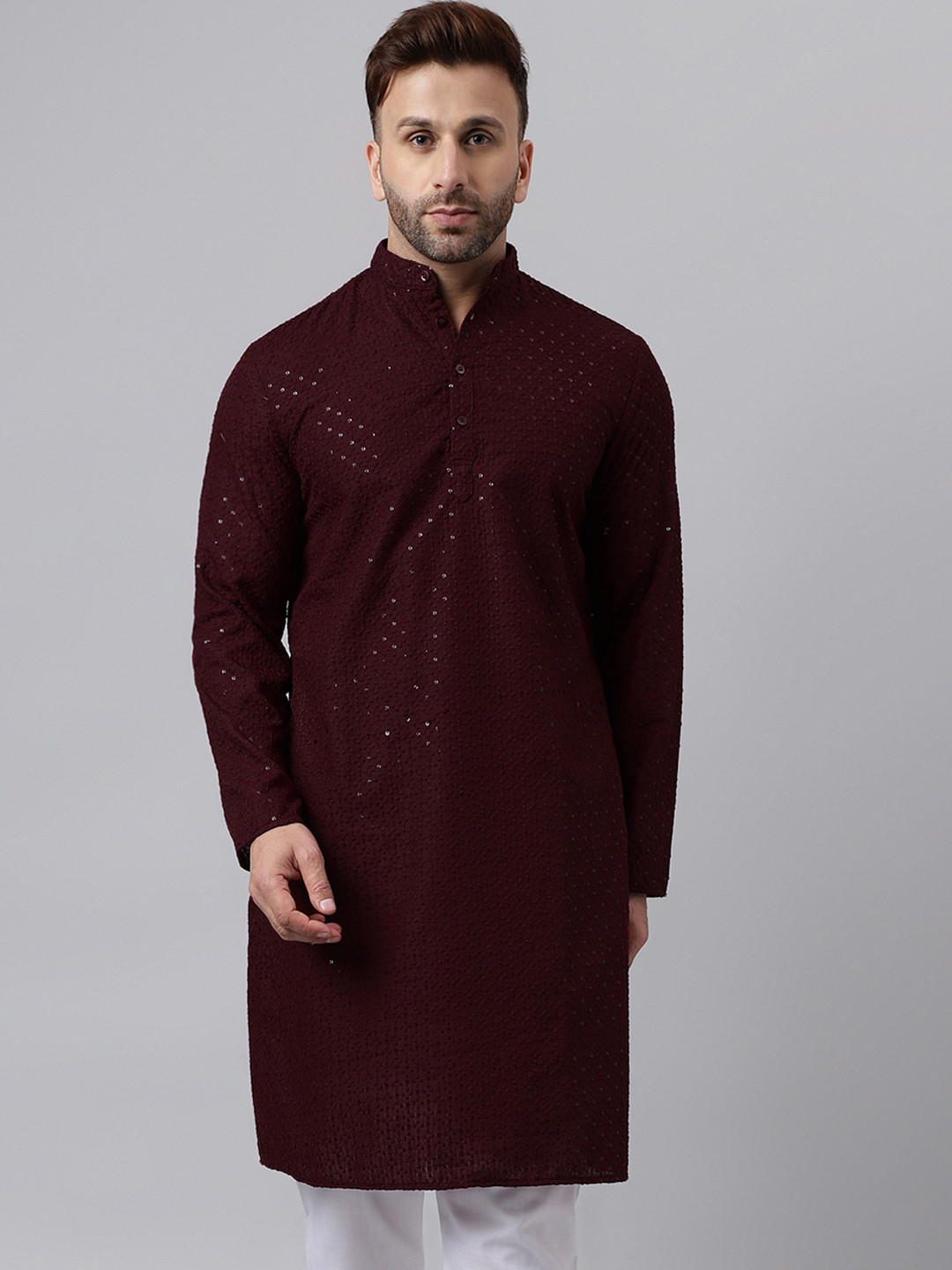 

hangup trend Floral Embroidered Thread Work Sequinned Mandarin Collar Straight Kurta, Maroon