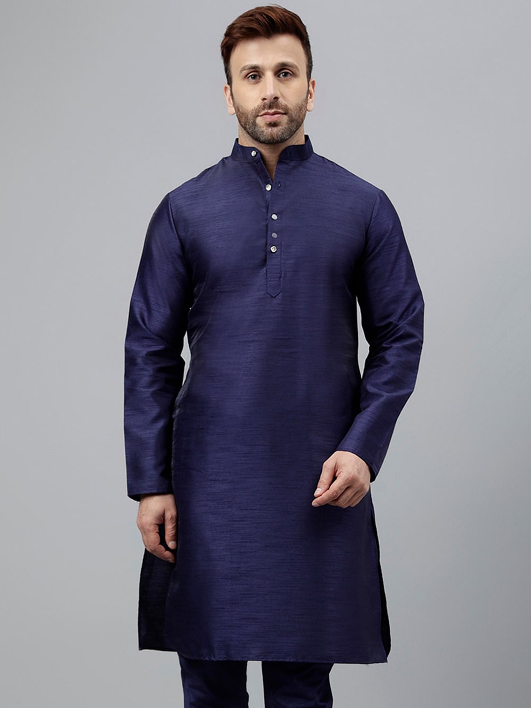 

hangup trend Band Collar Straight Dupion Silk Kurta, Blue