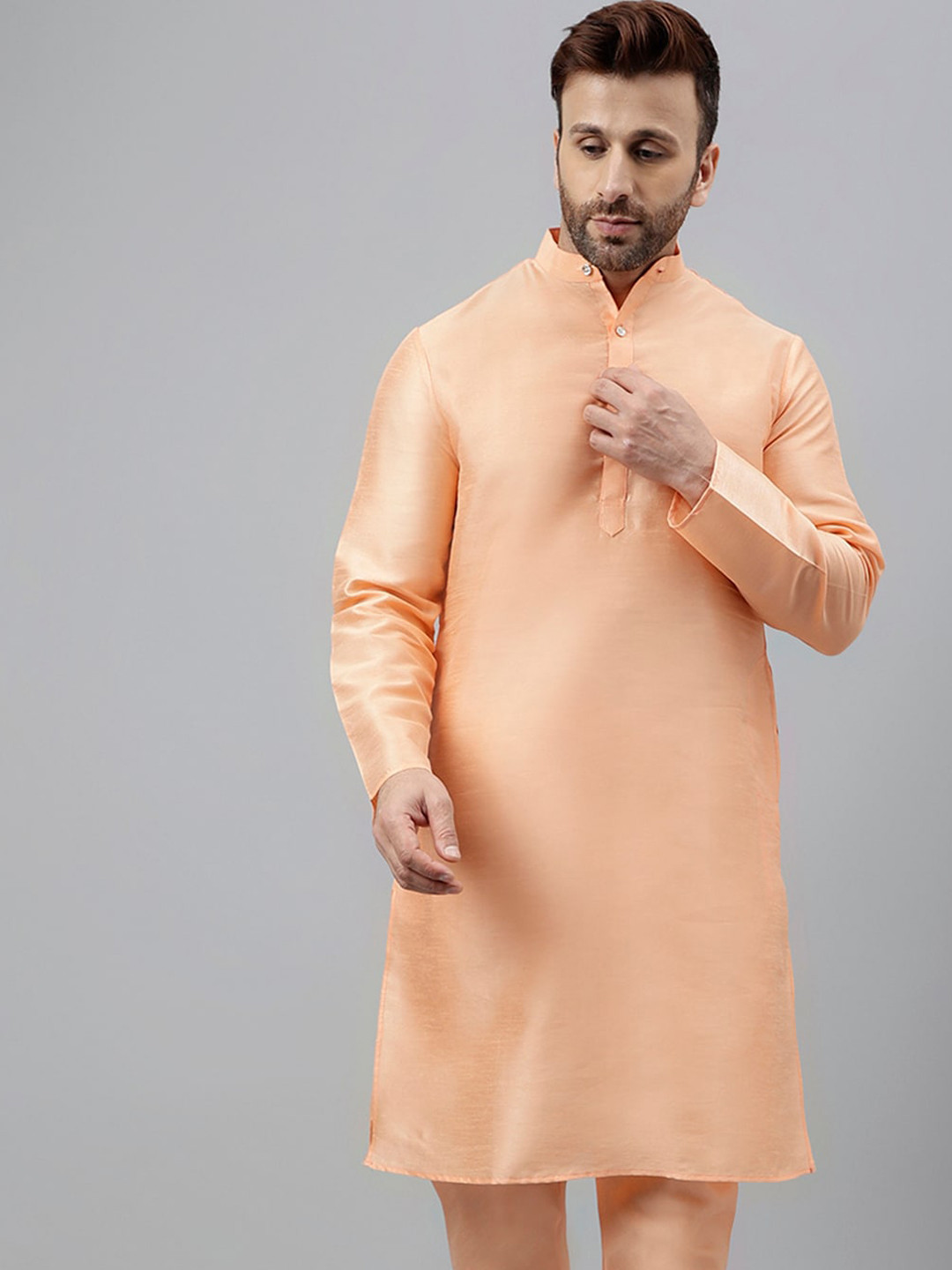 

hangup trend Mandarin Collar Dupion Silk Straight Kurta, Peach