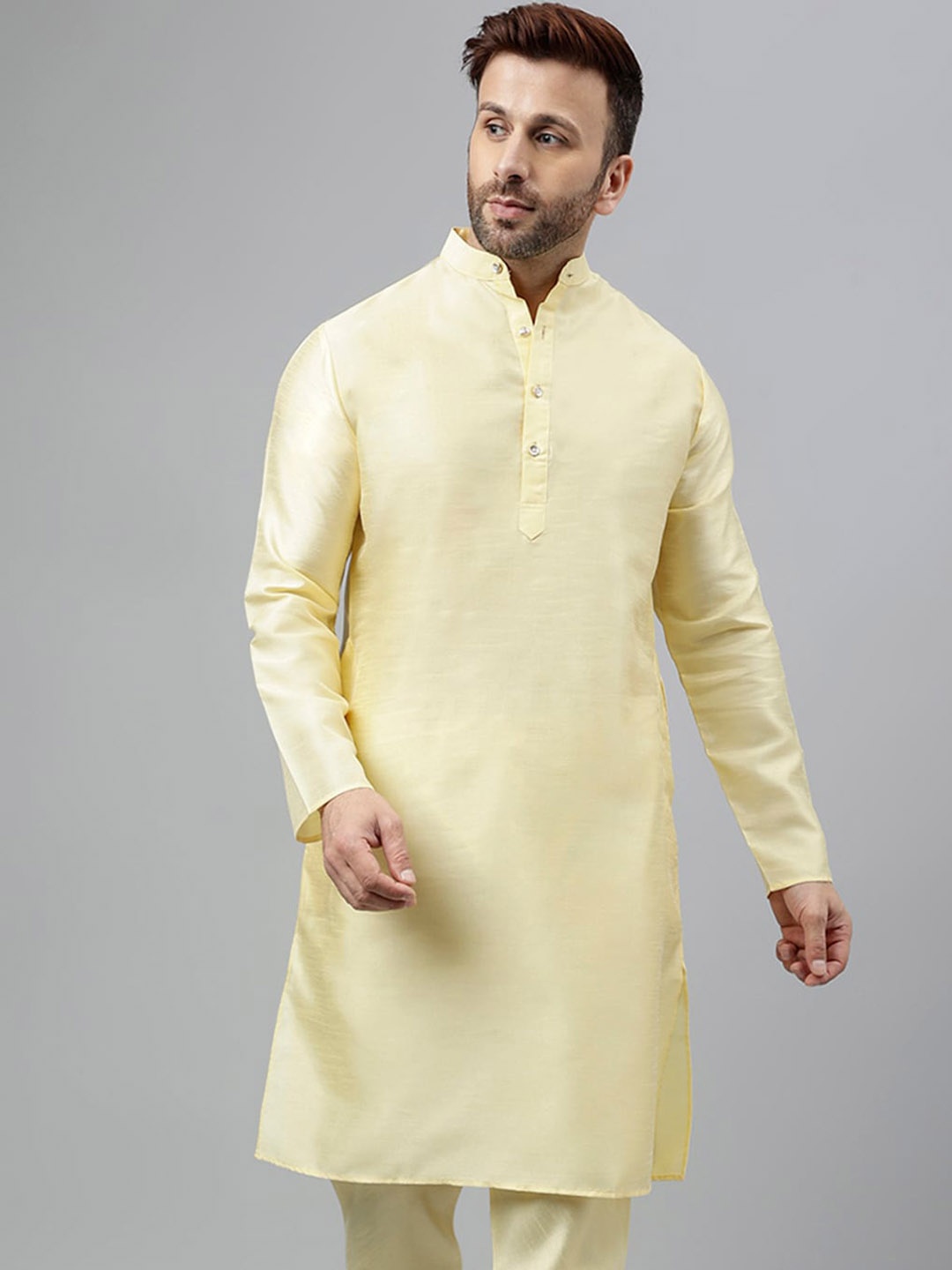 

hangup trend Band Collar Long Sleeves Straight Kurta, Yellow