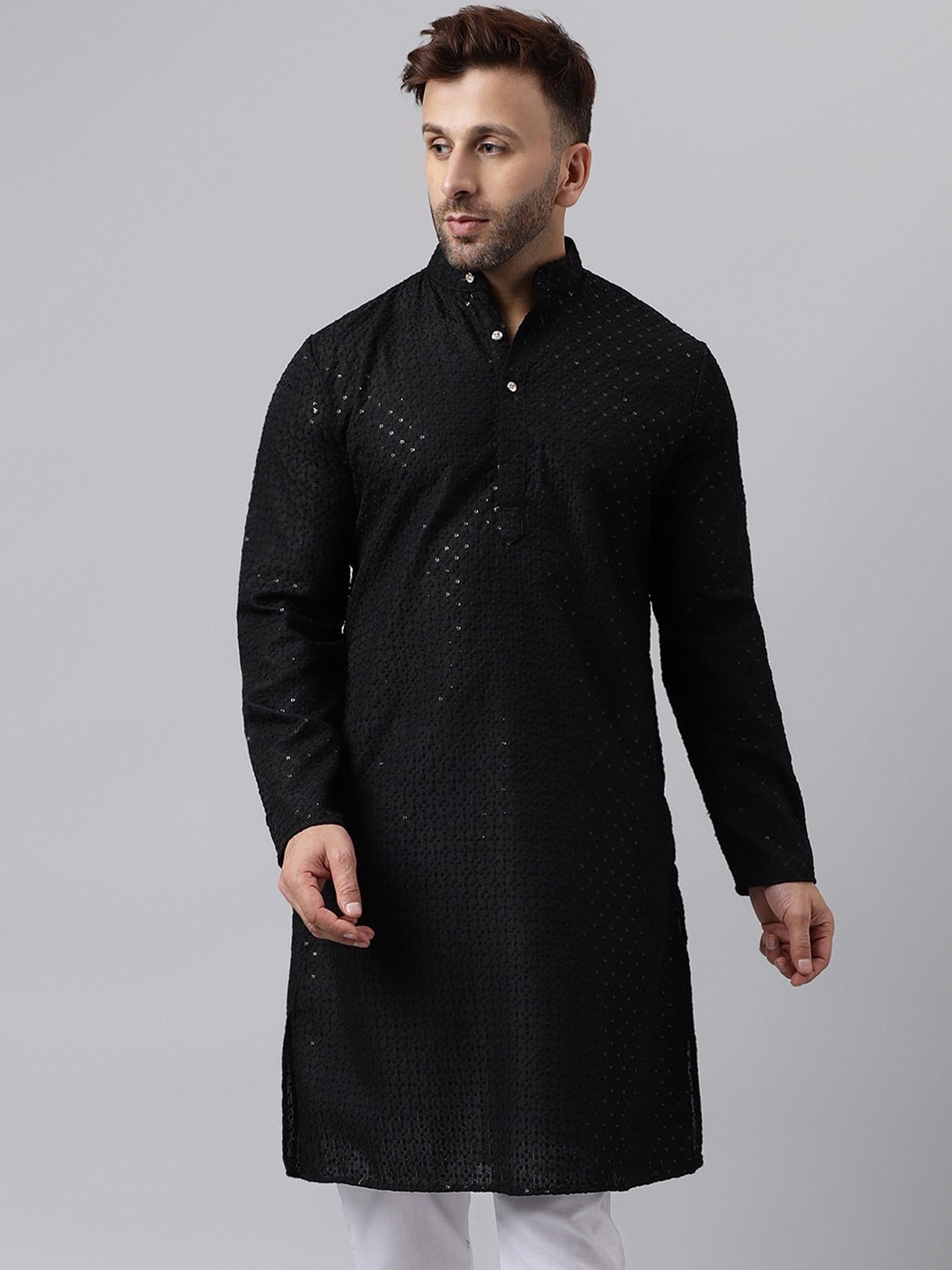 

hangup trend Geometric Embroidered Sequinned Straight Kurta, Black