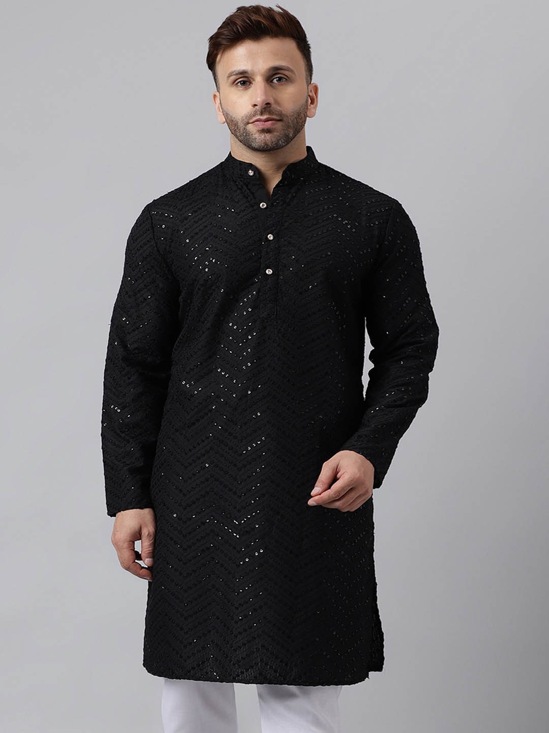 

hangup trend Geometric Embroidered Sequinned Straight Kurta, Black