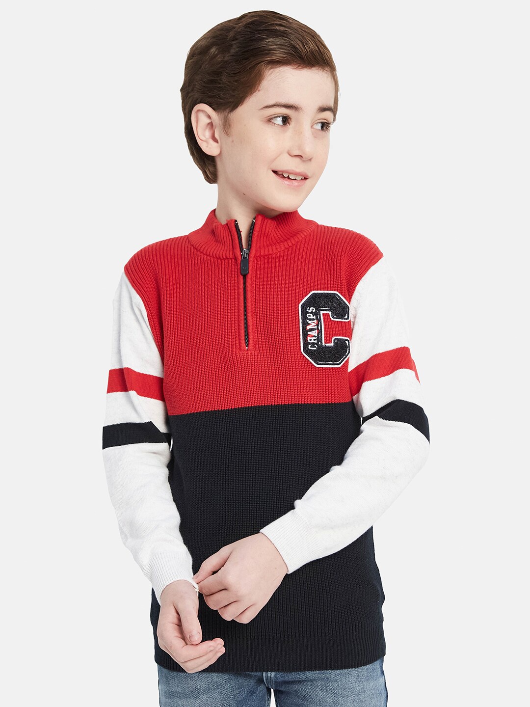 

Octave Boys Mock Collar Colourblocked Cotton Pullover Sweaters, Red