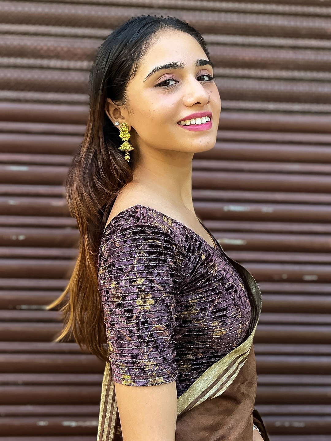 

Bindigasm's Advi Woven Design Velvet Saree Blouse, Coffee brown