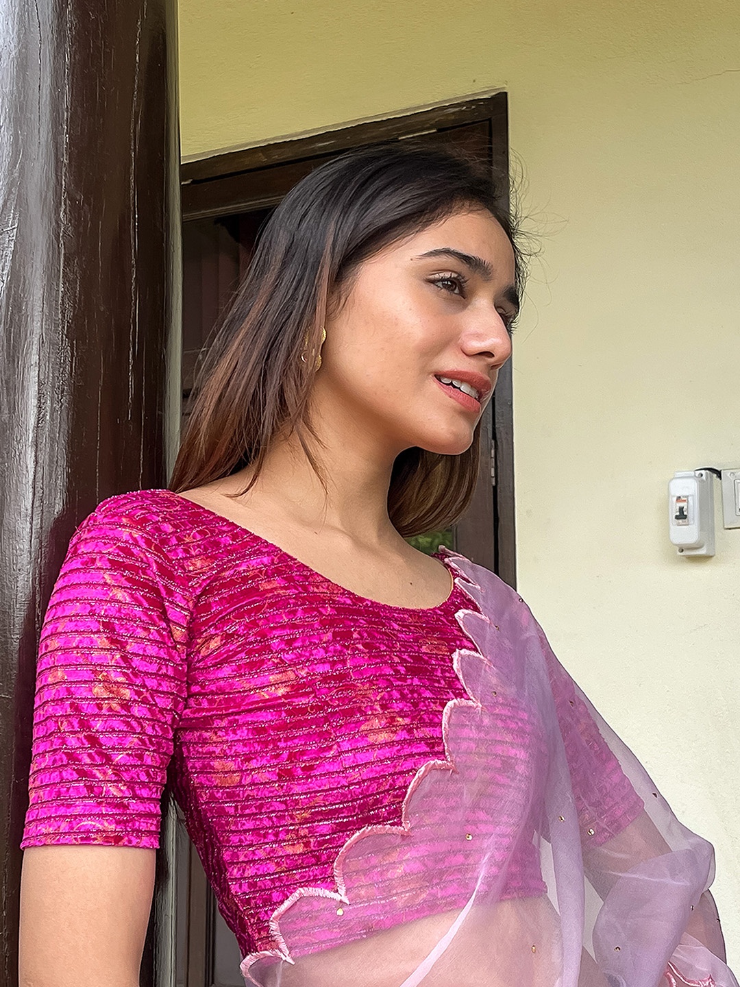 

Bindigasm's Advi Woven Design Stretchable Velvet Saree Blouse, Pink