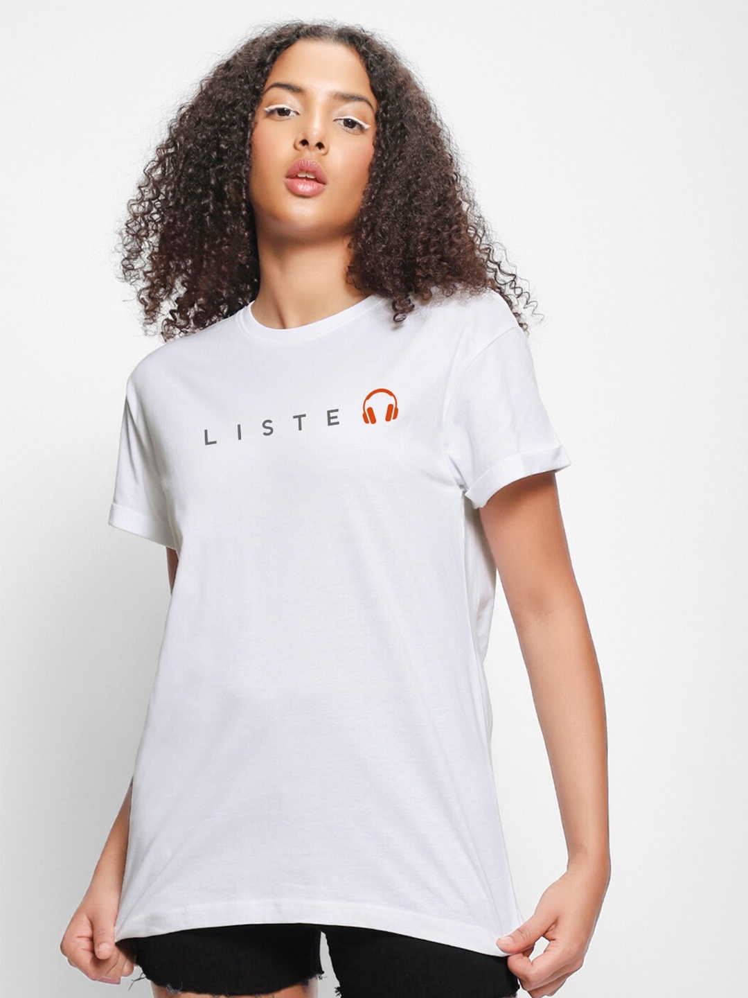 

Bewakoof Keep Listening Typography Printed Cotton Boyfriend Fit T-shirt, White
