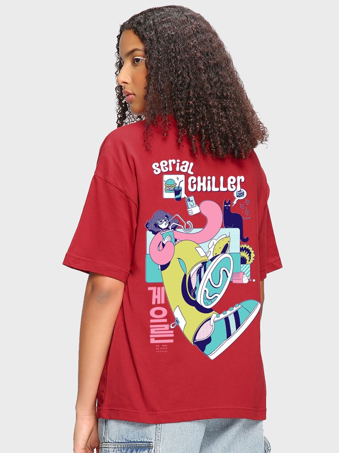 

Bewakoof Serial Chiller Graphic Printed Drop-Shoulder Sleeves Oversized Cotton T-shirt, Red