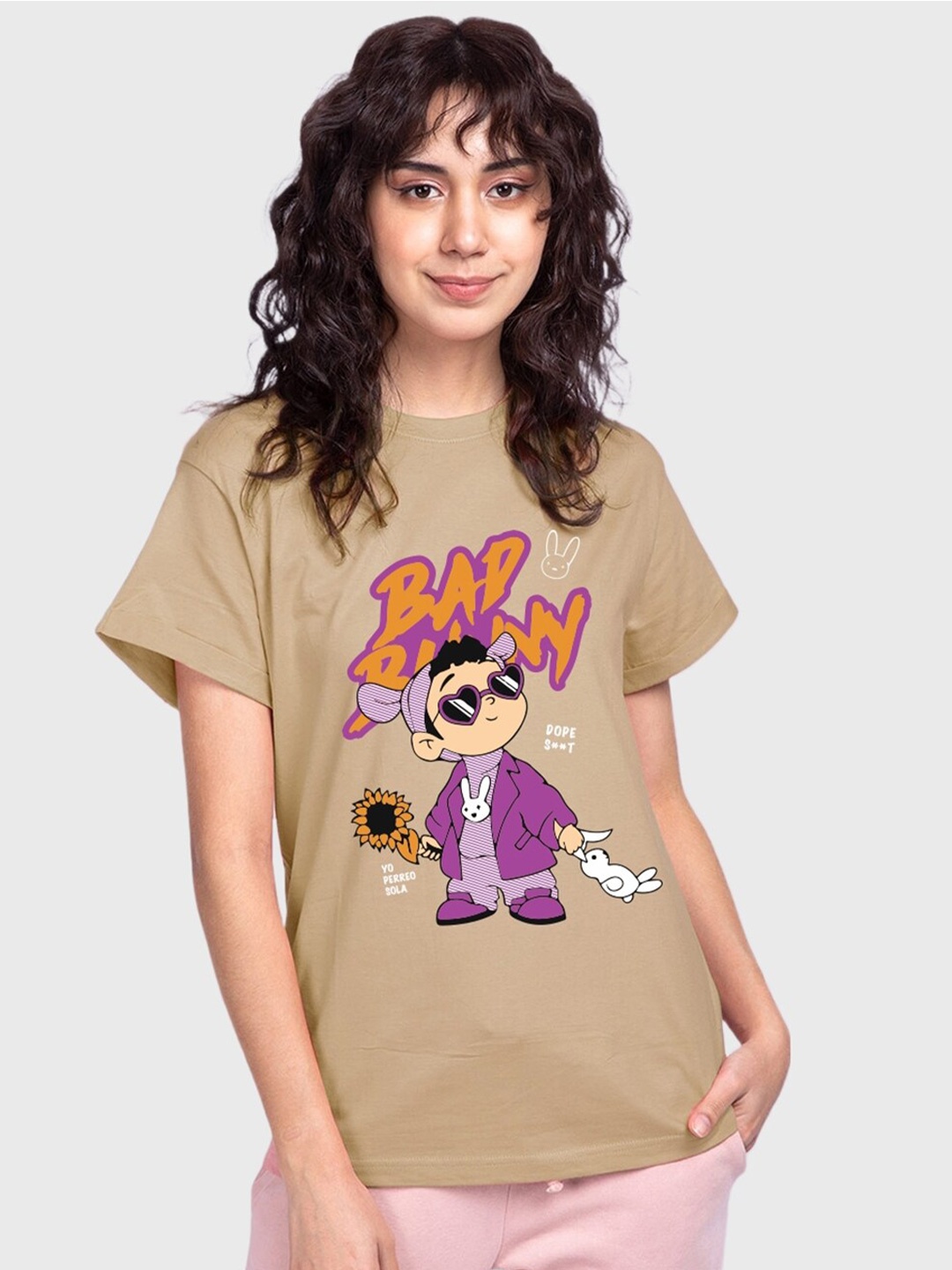 

Bewakoof Brown Bad Bunny Graphic Printed Boyfriend Fit Cotton T-shirt