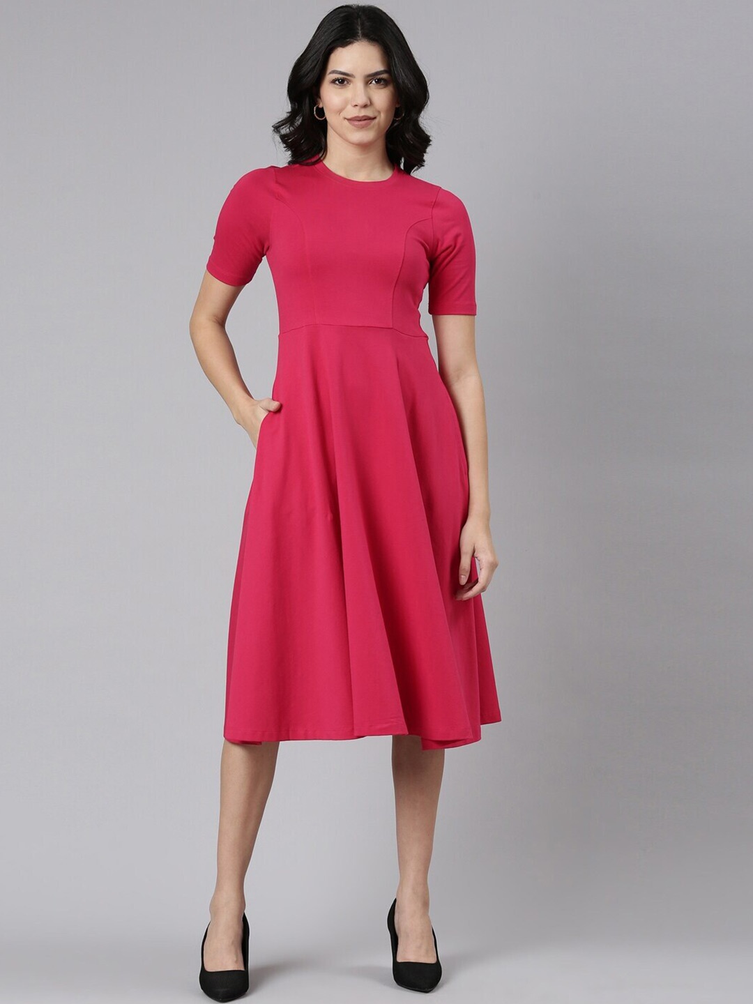 

TWIN BIRDS Round Neck Cotton Fit & Flare Midi Dress, Pink