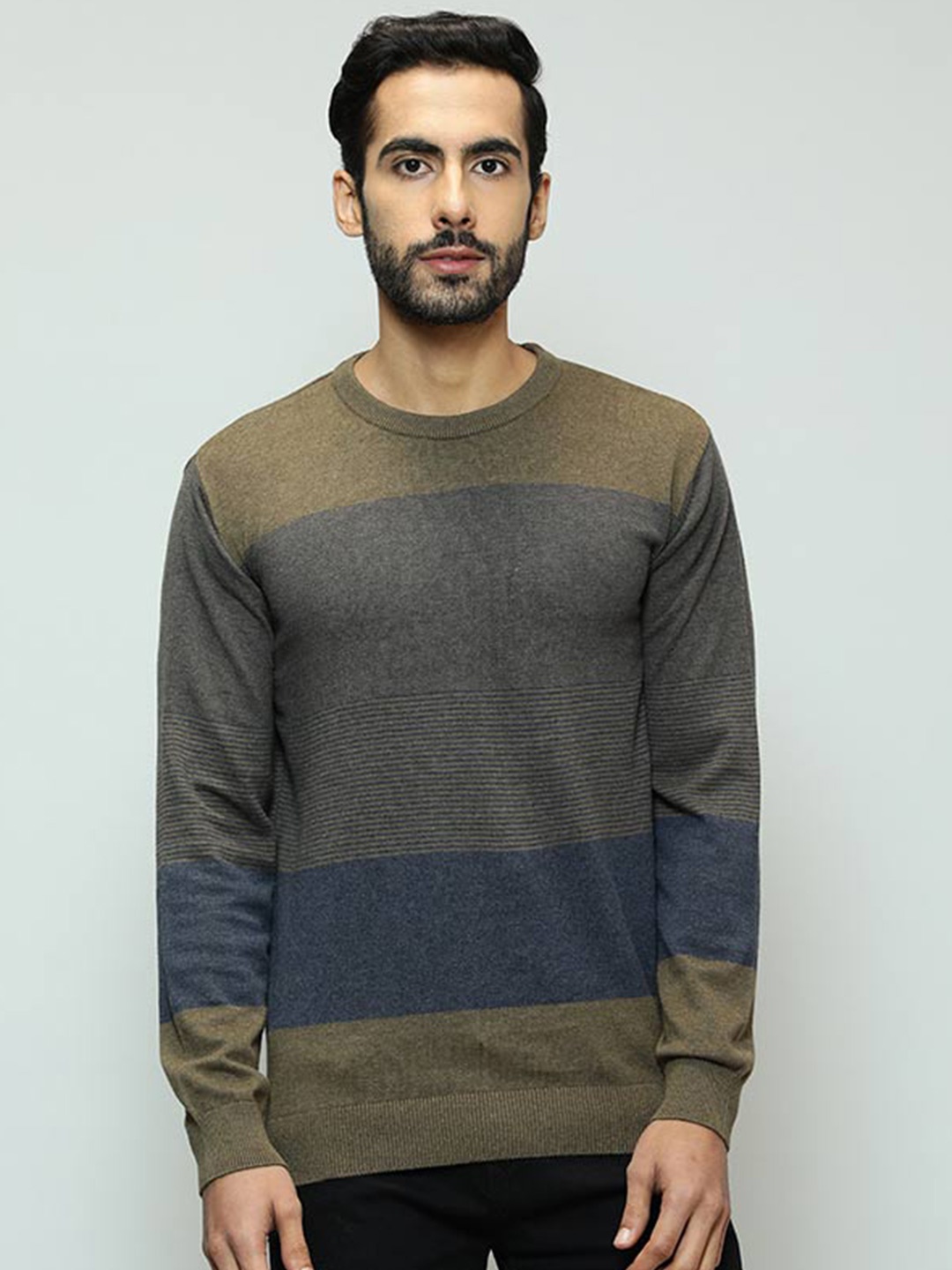 

Indian Terrain Striped Round Neck Pullover, Navy blue