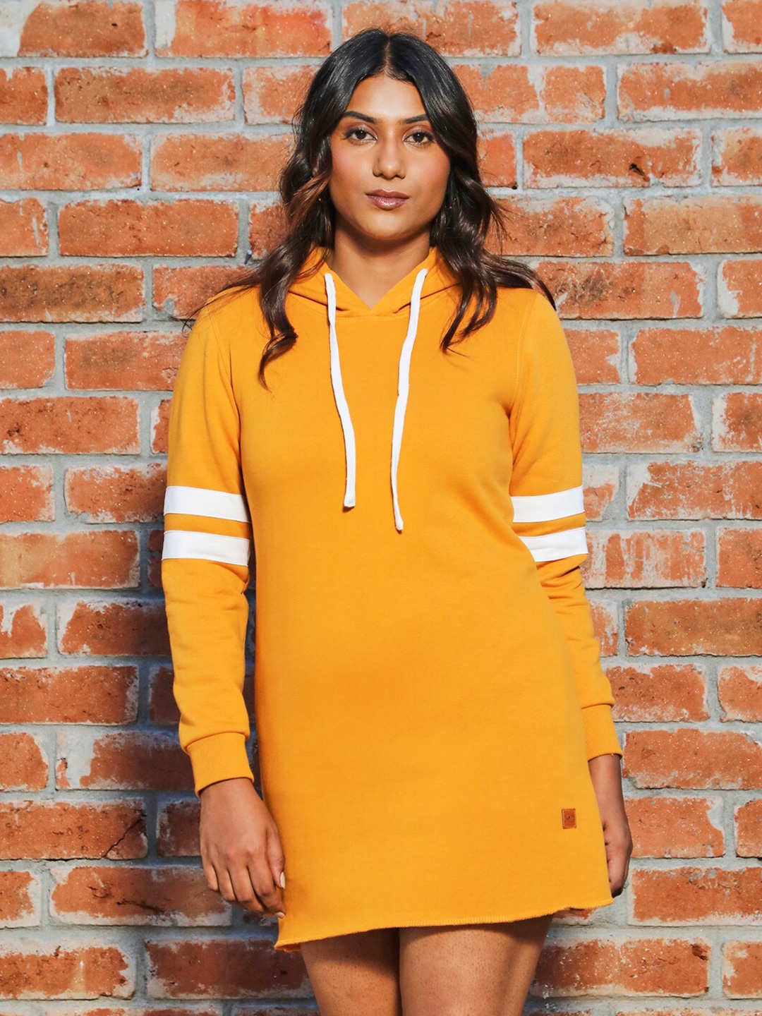 

Campus Sutra Hooded Cotton T-Shirt Dress, Mustard