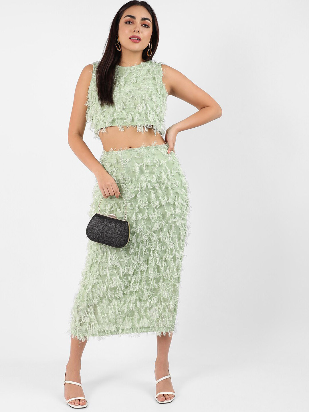 

Campus Sutra Sea Green Self-Design Crop Top With Midi Skirt