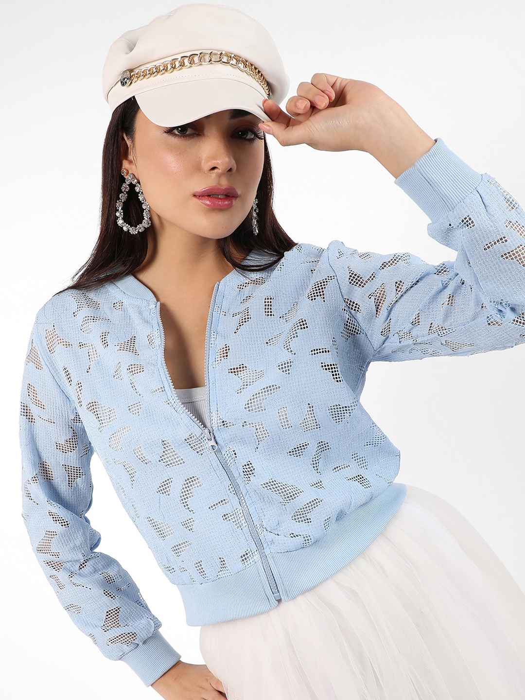 

Campus Sutra Blue Floral Self Design Windcheater Bomber Jacket