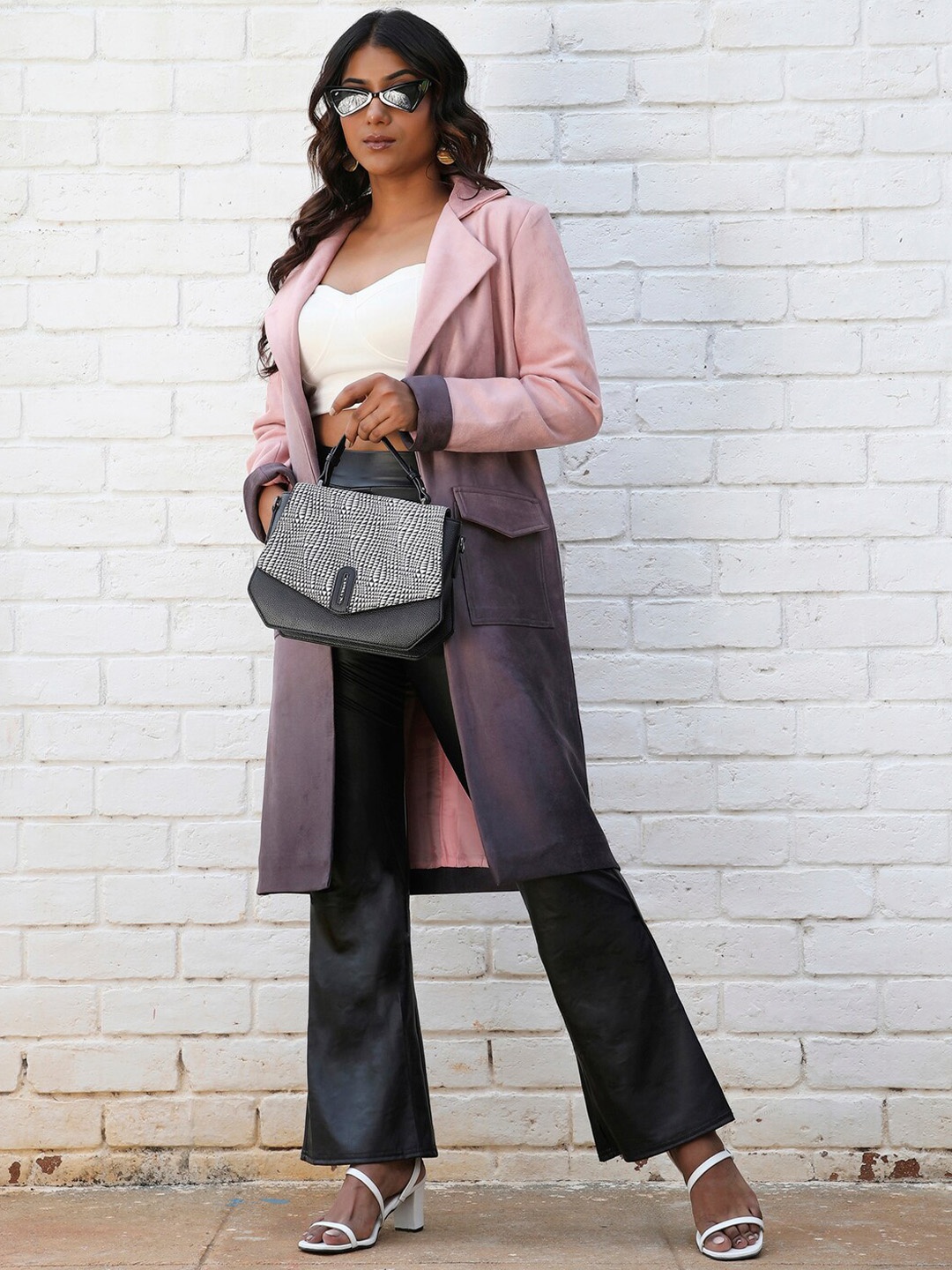 

Campus Sutra Pink Ombre Printed Notched Lapel Long Sleeves Longline Front-Open Overcoat