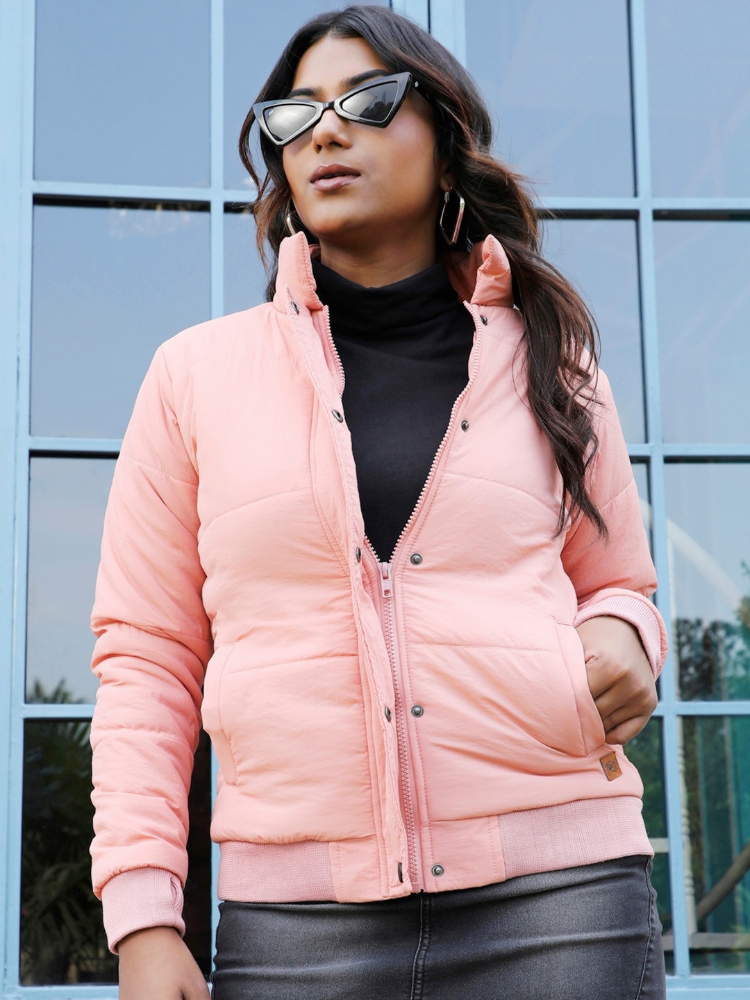 

Campus Sutra Pink Stand Collar Windcheater Puffer Jacket