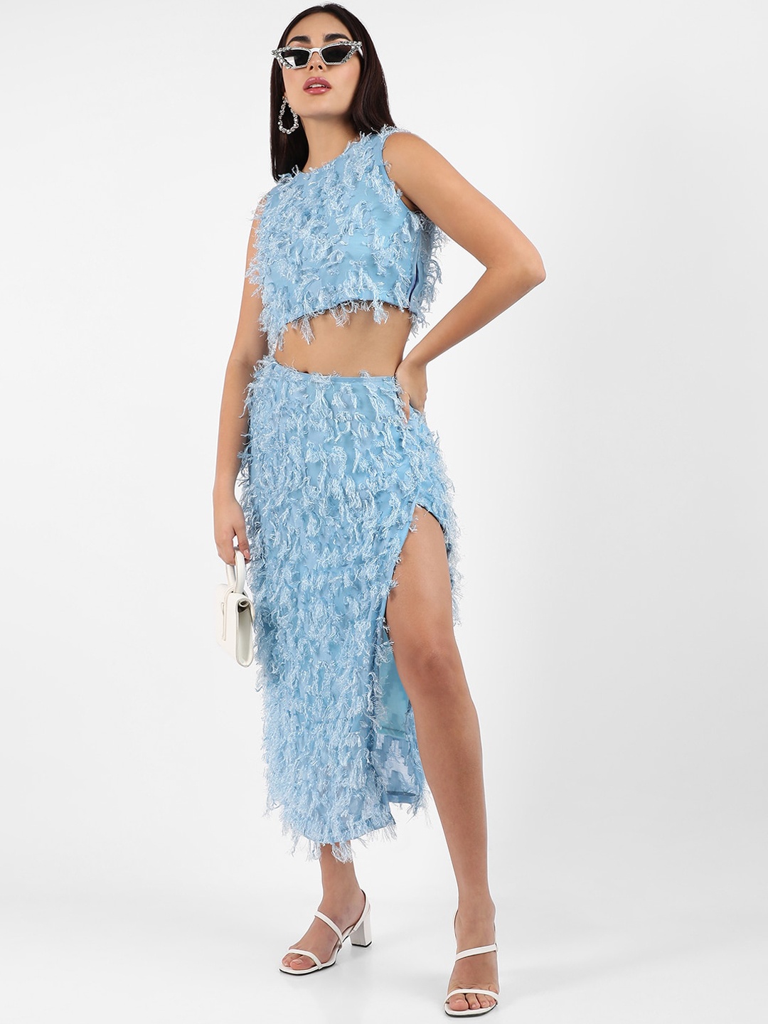 

Campus Sutra Blue Self-Design Crop Top With Maxi Skirt