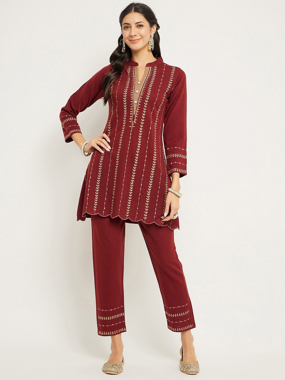

Zigo Winter Wear Ethnic Motifs Embroidered Acrylic Kurta With Trousers, Rust